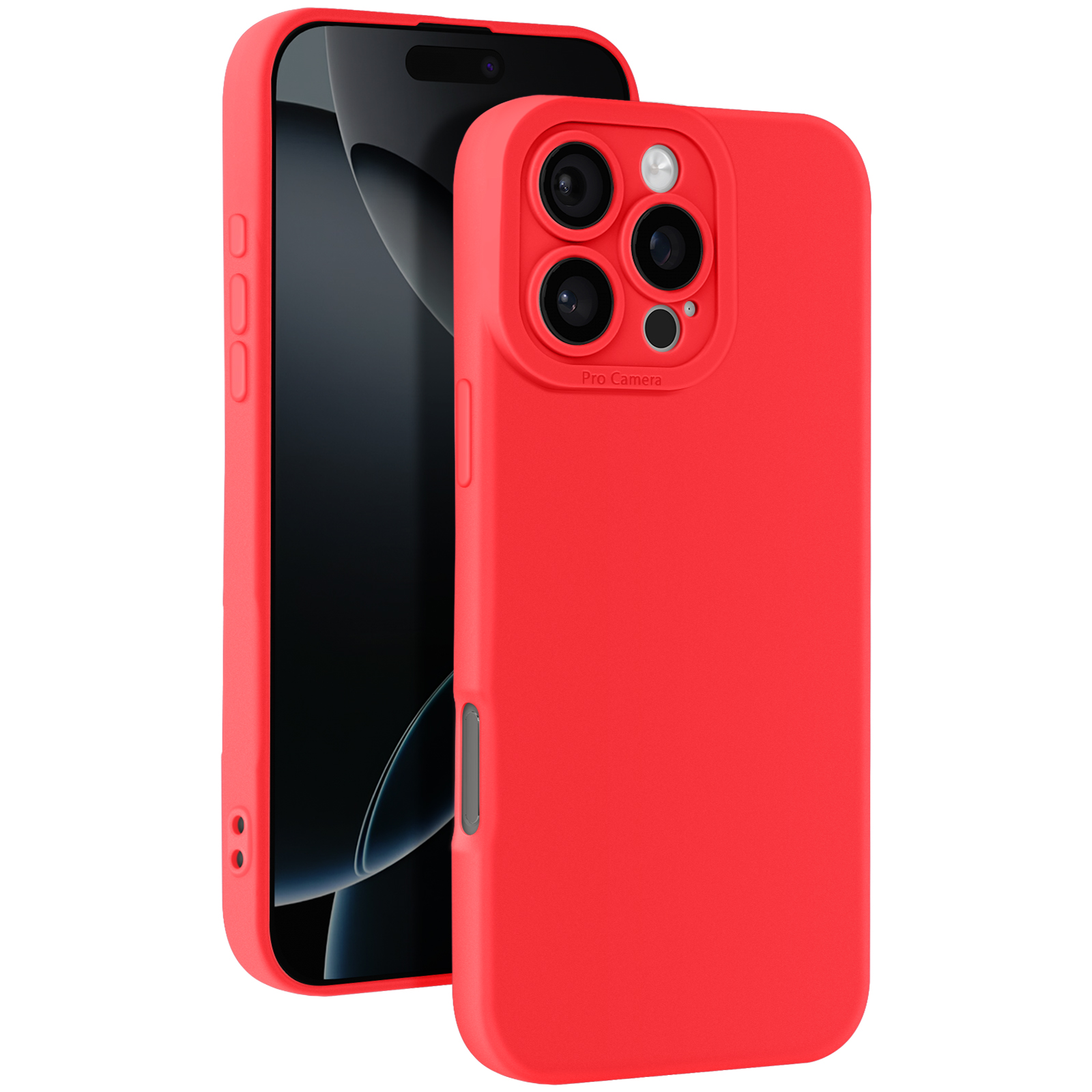 Custodia rossa con un telefono. Ha tre fotocamere. Sfondo bianco.