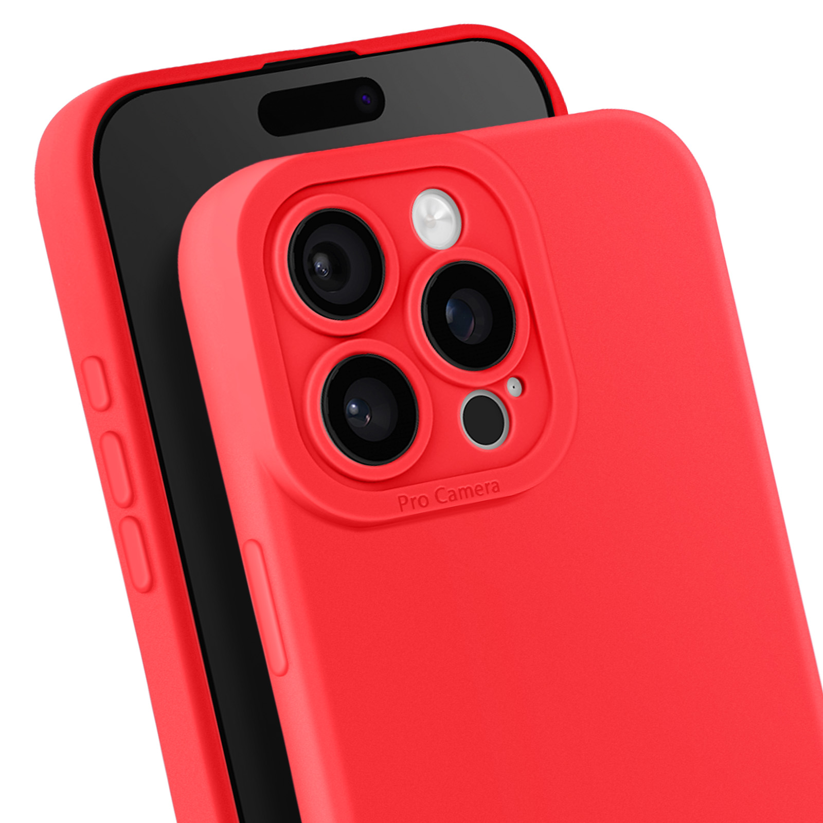 Custodia rossa per telefono con lenti della fotocamera. Il telefono è nero. La custodia dice 'Pro Camera'.