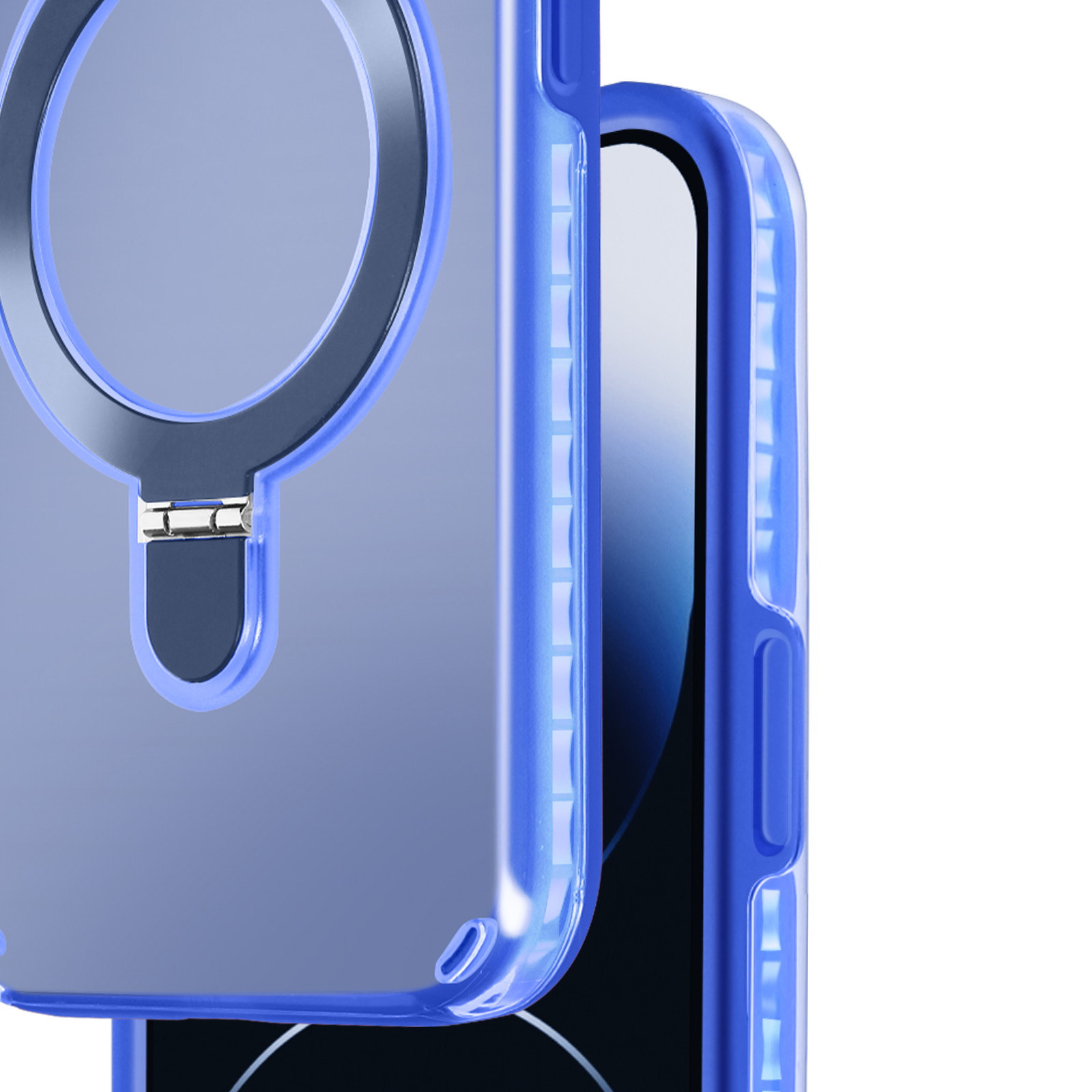 Primo piano di una custodia blu per telefono con supporto ad anello. Il telefono è all'interno della custodia.