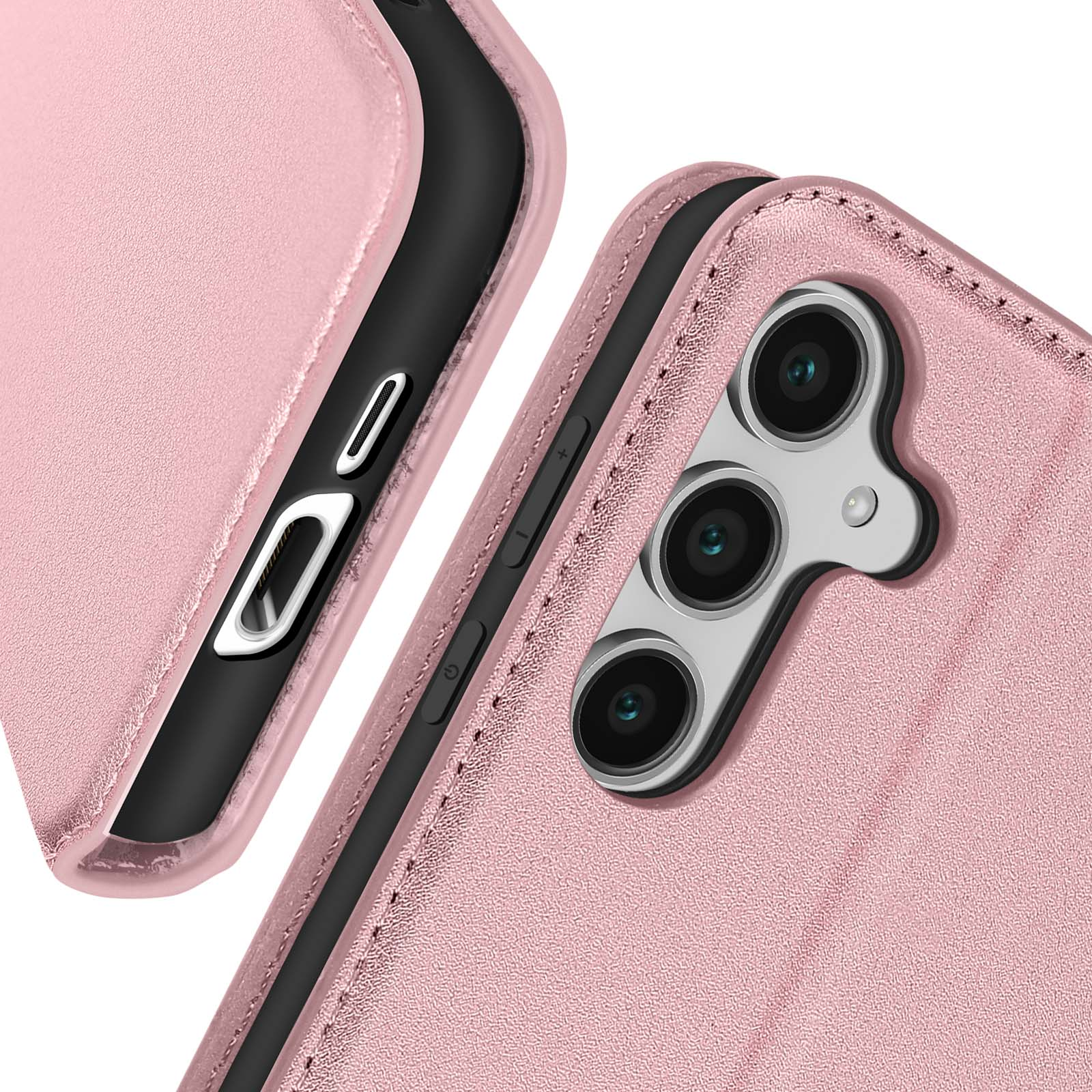 Nahaufnahme einer rosa Handyhülle, die Kamera und Knöpfe zeigt.