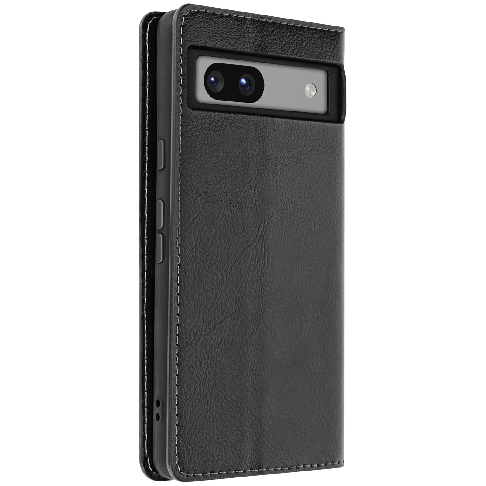 Custodia nera per telefono con telefono inserito, che mostra fotocamera e pulsanti.