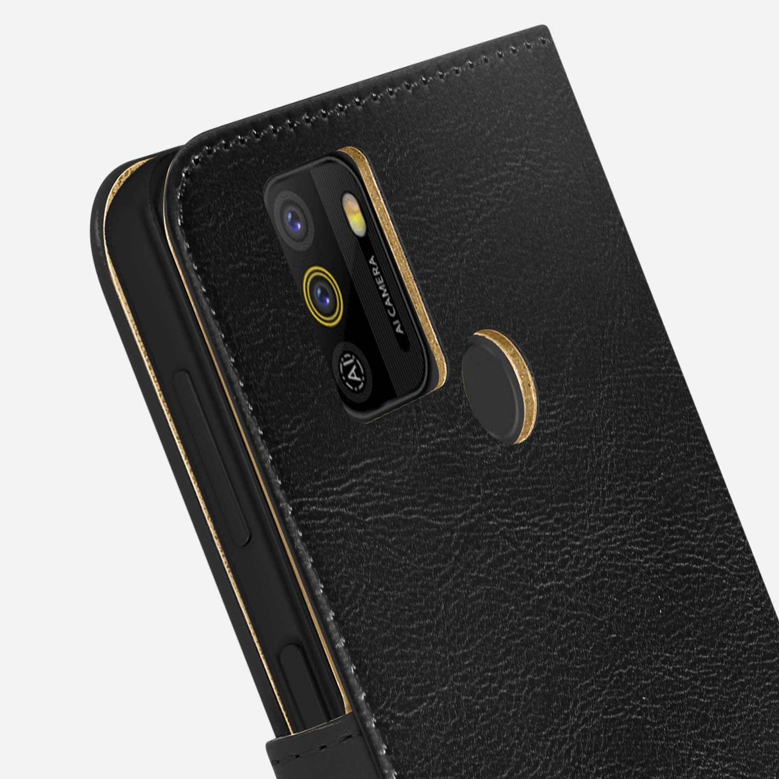 Primo piano di una custodia nera per telefono. La custodia è aperta, mostrando un modulo fotocamera e le parole AI CAMERA.