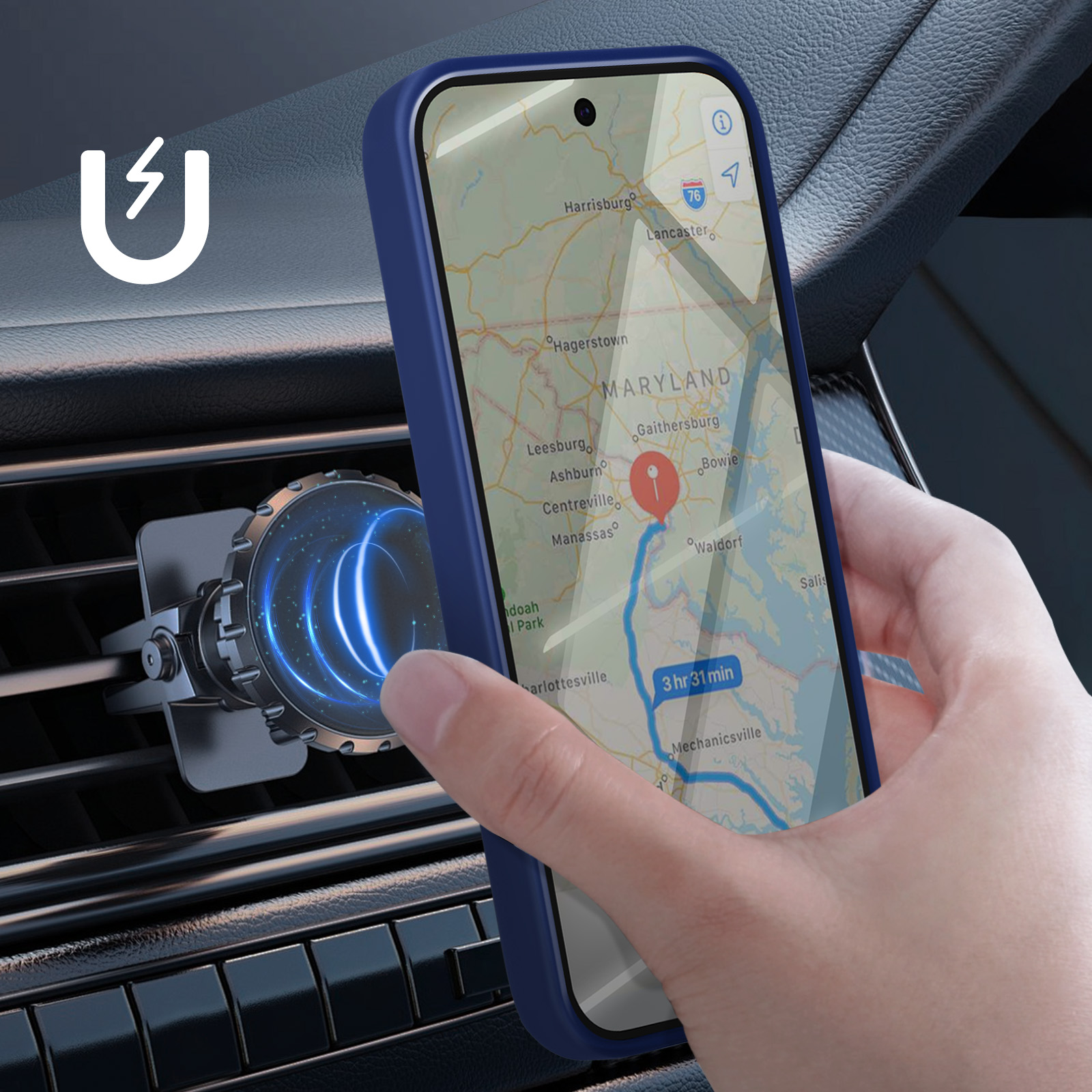 Telefono in una bocchetta dell'auto, mappa del Maryland sullo schermo. Una mano tiene il telefono.