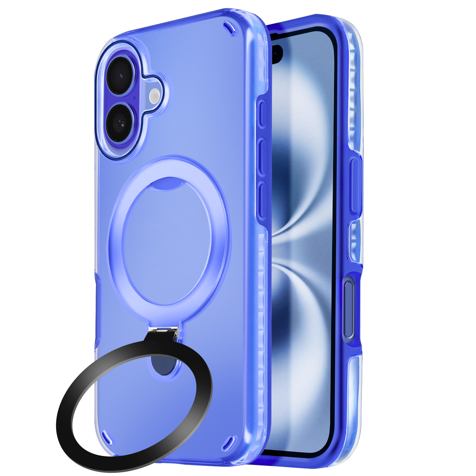 Custodia blu per telefono con anello. Il telefono è dentro la custodia. Sfondo bianco.