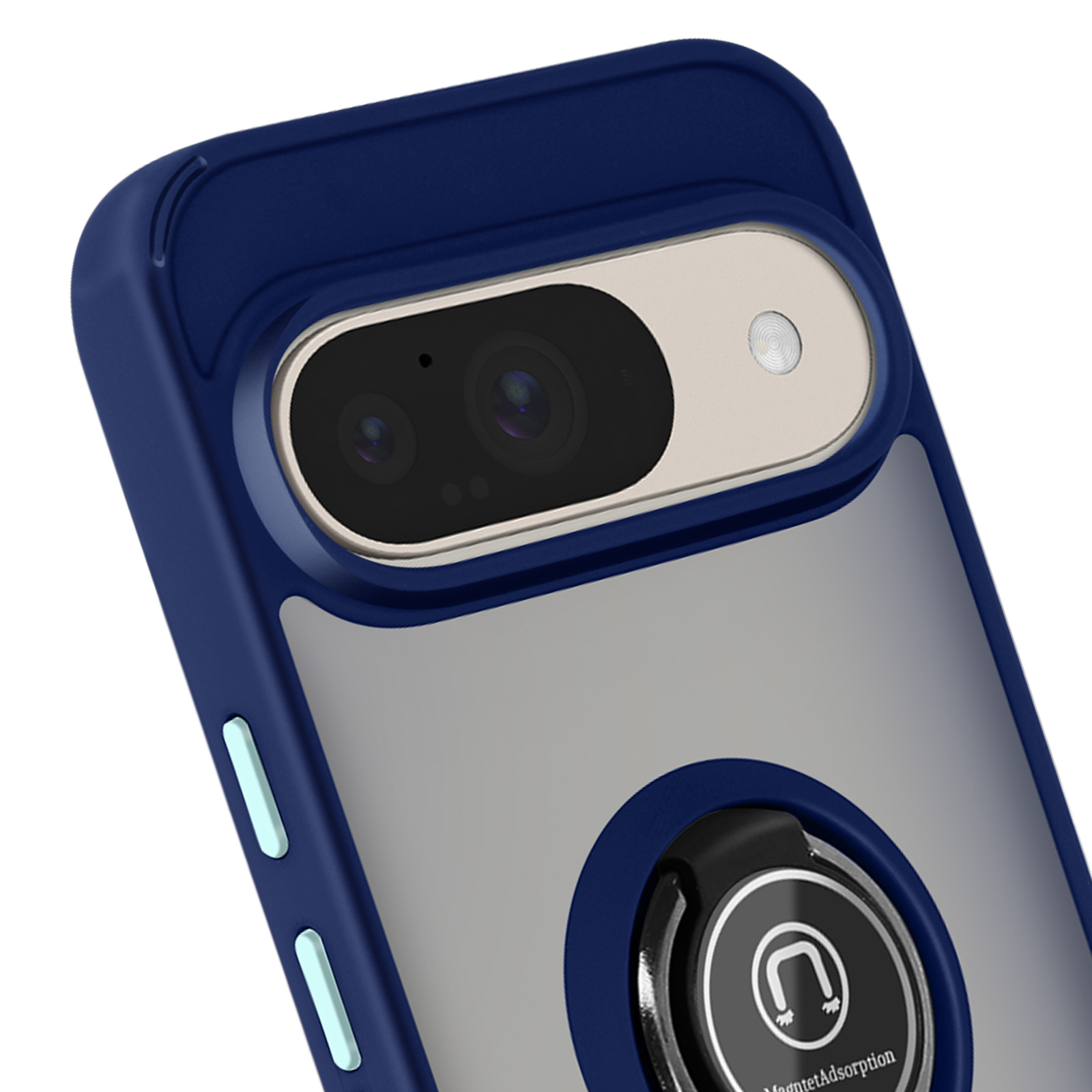 Custodia per telefono con anello, retro trasparente, lati blu. L'anello ha un logo. Sfondo bianco.