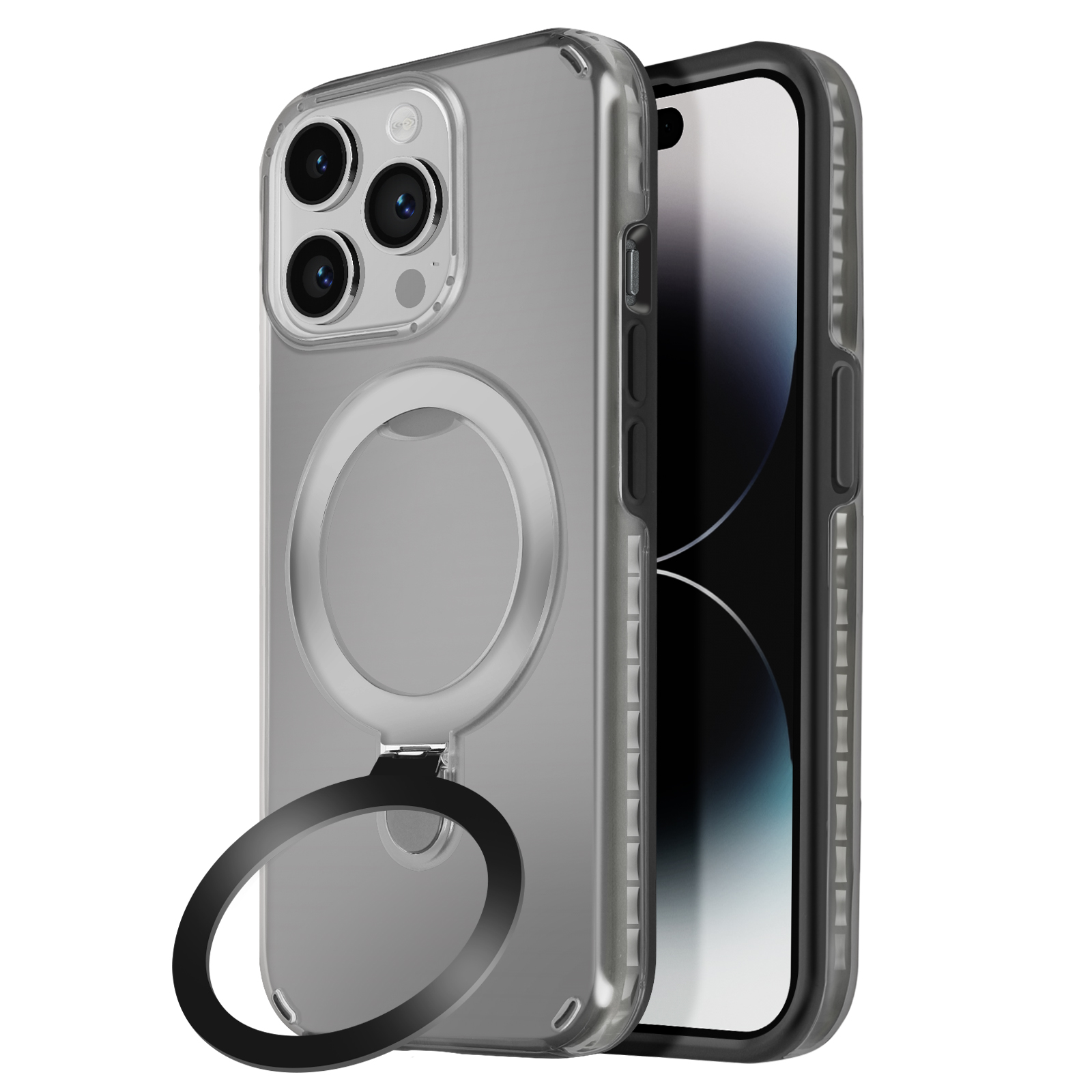Custodia trasparente con anello, telefono all'interno. Anello nero. Sfondo bianco.