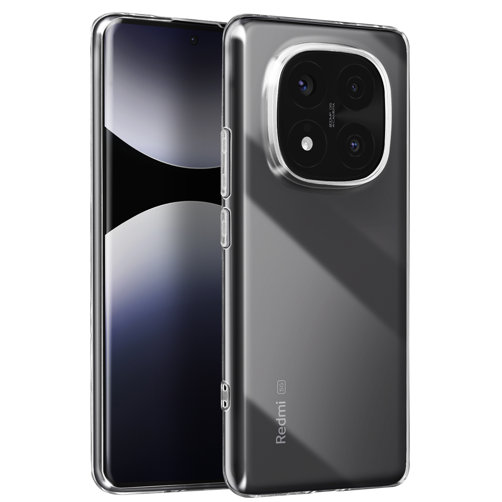 Custodia trasparente per telefono con telefono. Retro nero con un grande rigonfiamento per la fotocamera. Logo Redmi in basso.