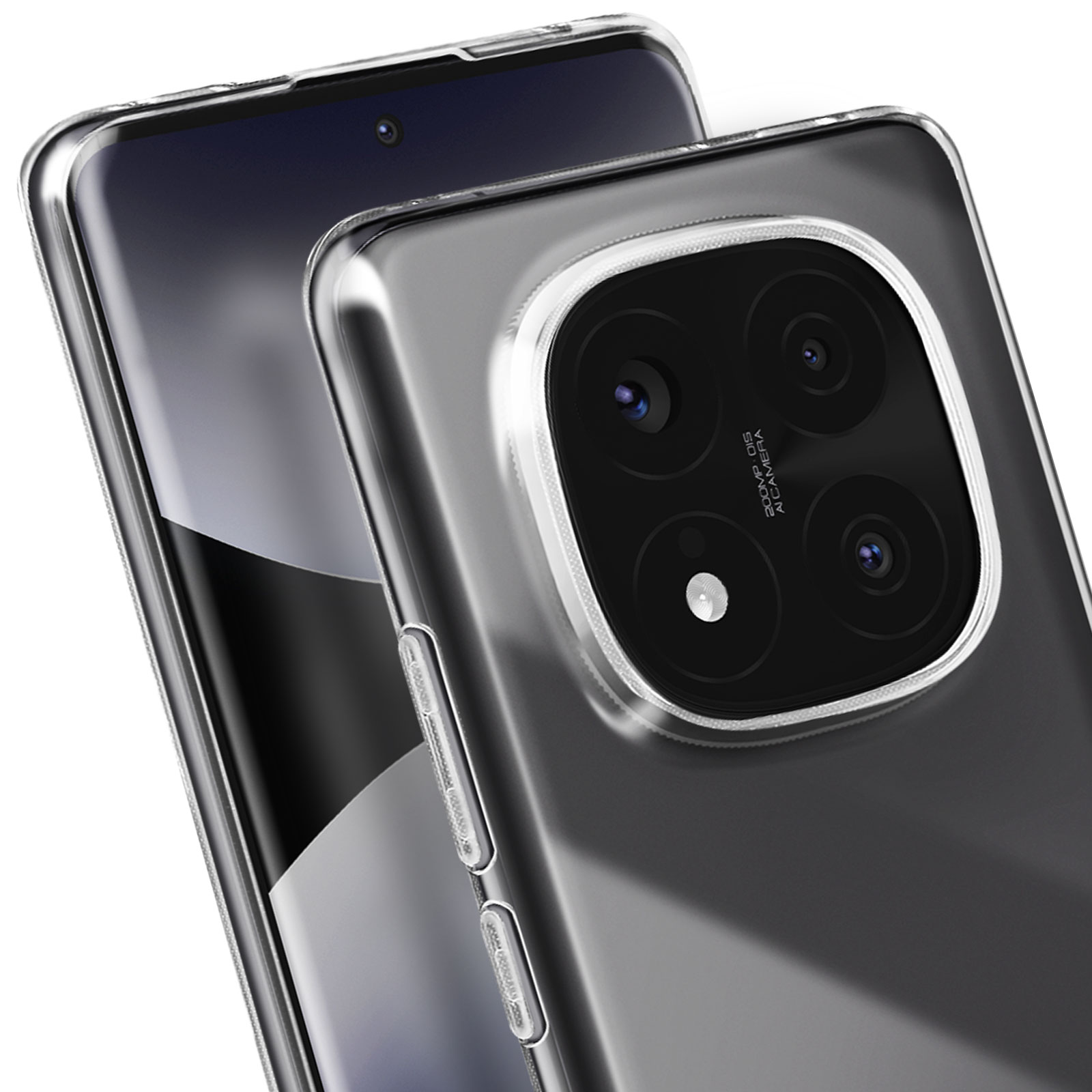 Custodia trasparente su telefono scuro. Dettagli della fotocamera e dei pulsanti visibili.