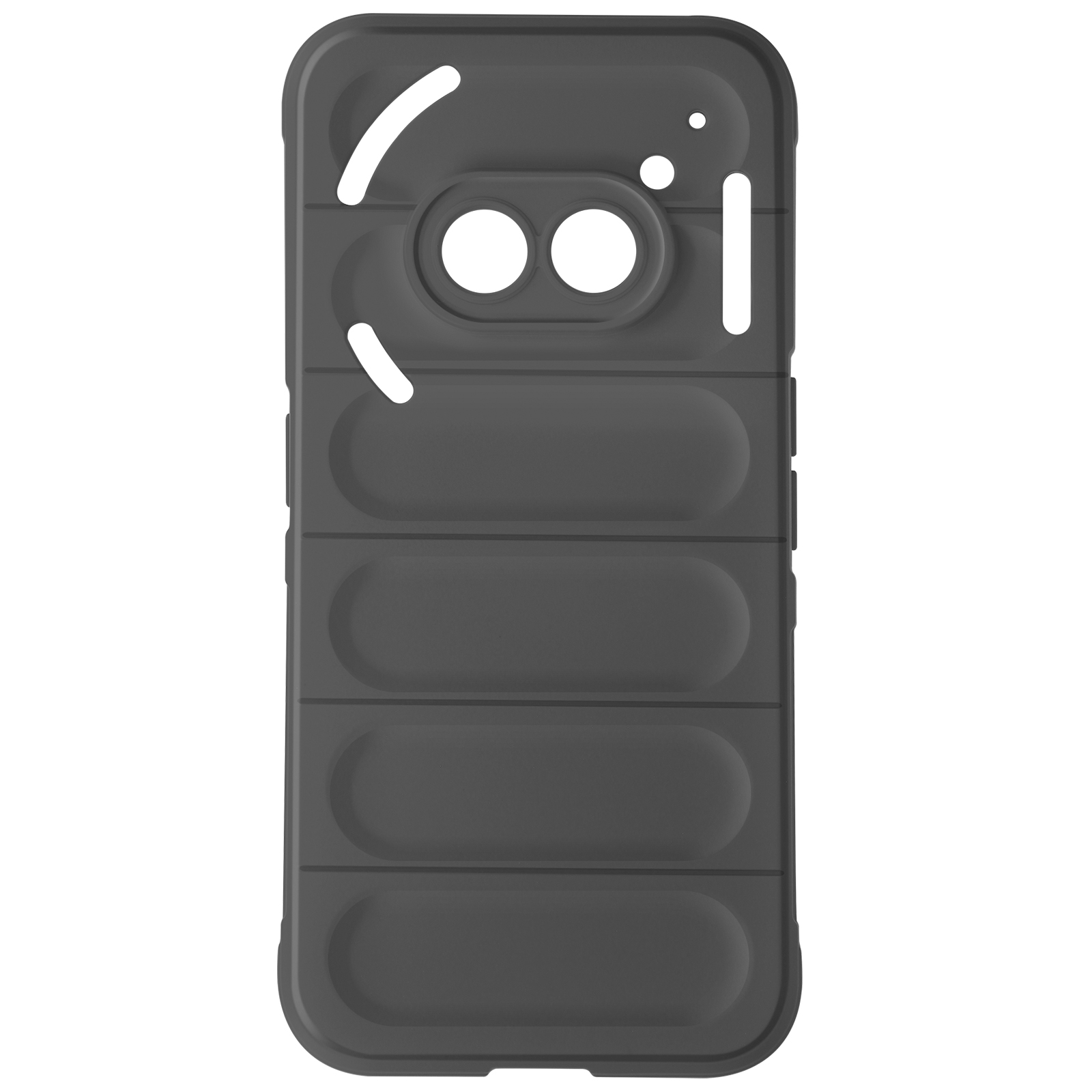 Custodia grigio scuro con design unico. Scanalature orizzontali e due fori per la fotocamera.