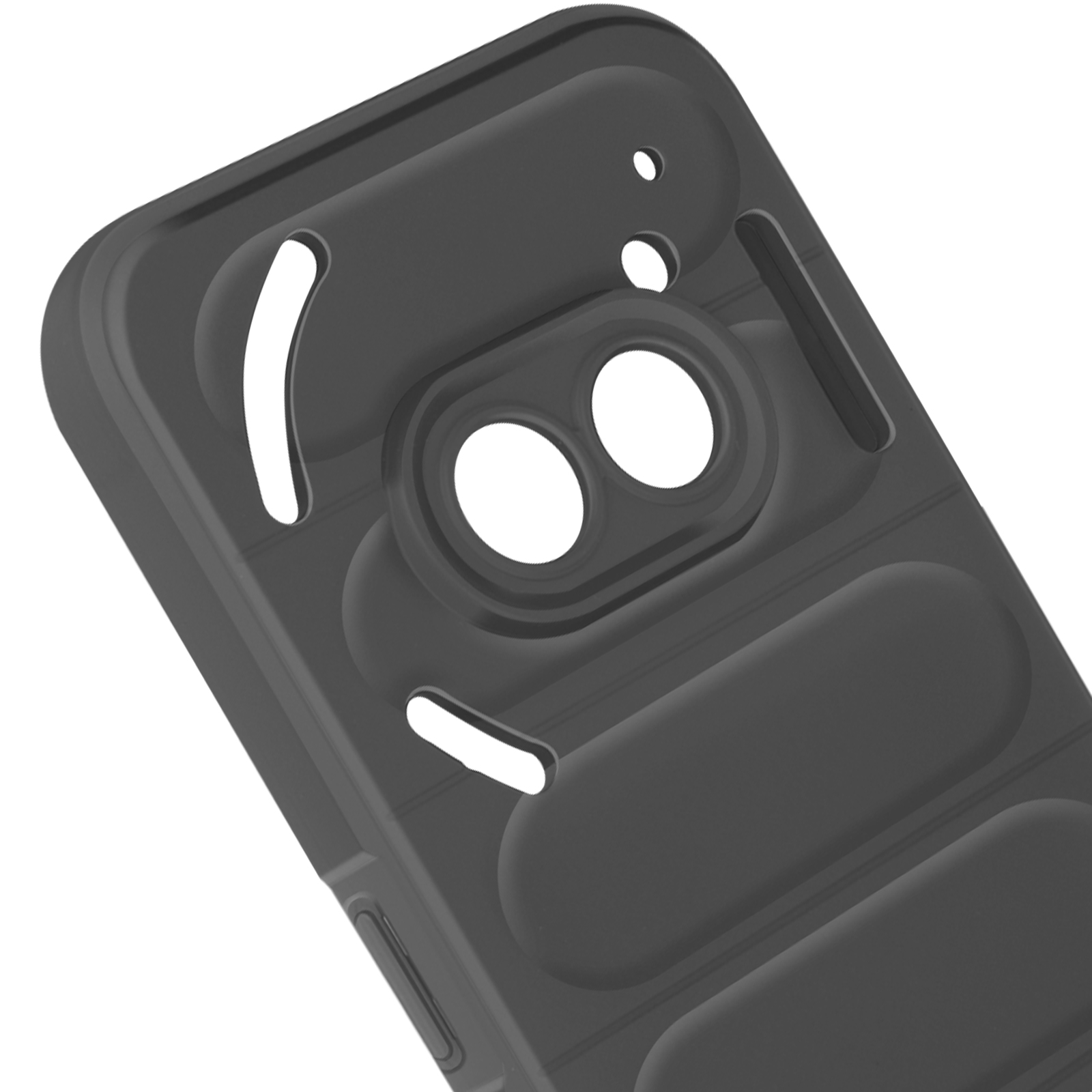 Custodia per telefono grigio scuro con aperture per la fotocamera. Sfondo bianco.
