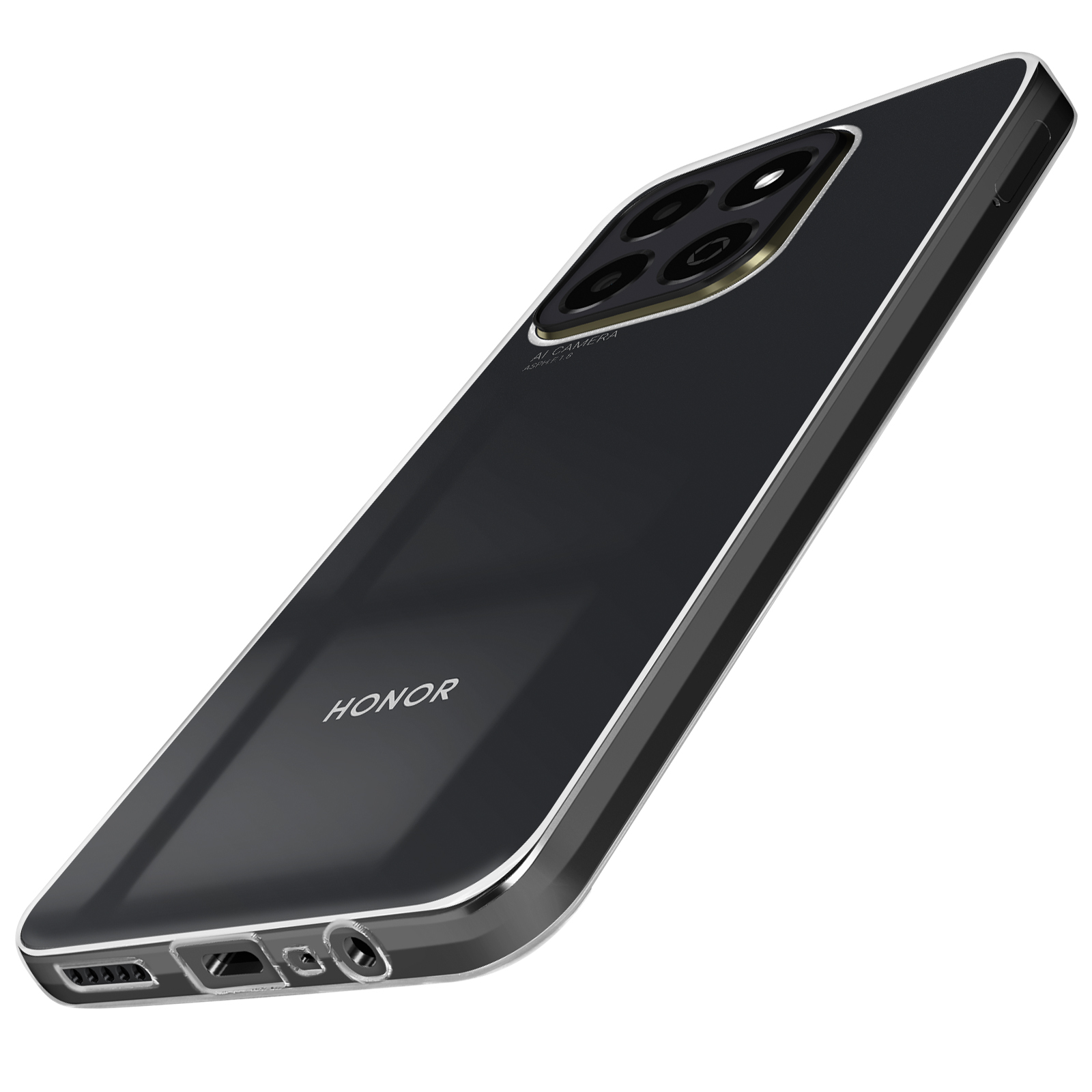 Schwarzes Telefon mit silbernem Rahmen, zeigt HONOR-Logo. Weißer Hintergrund.