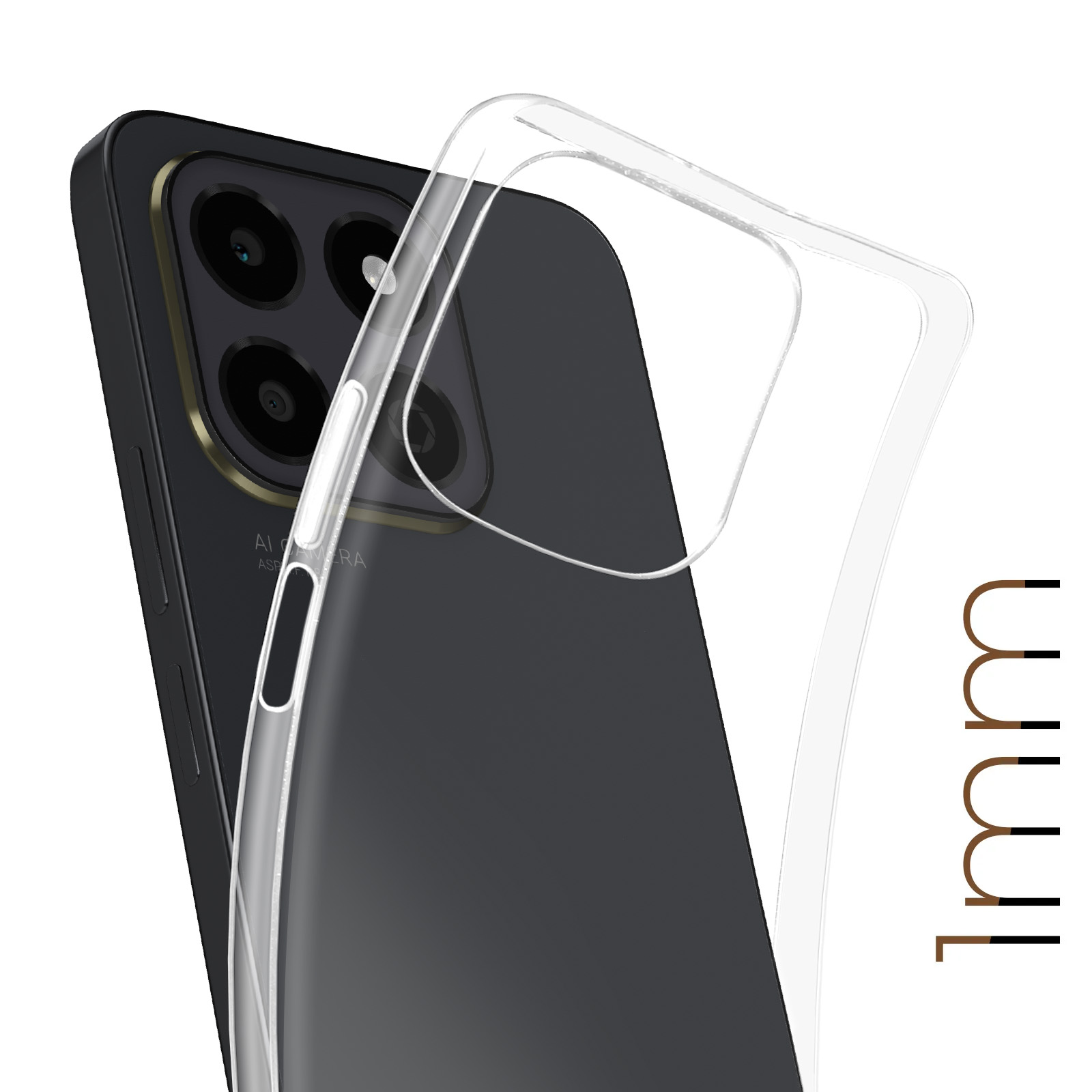 Transparente Handyhülle auf schwarzem Telefon. Die Hülle ist transparent und zeigt Details.