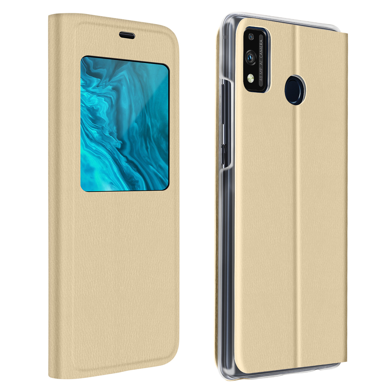 Custodia dorata con finestra. Il telefono è dentro la custodia aperta.
