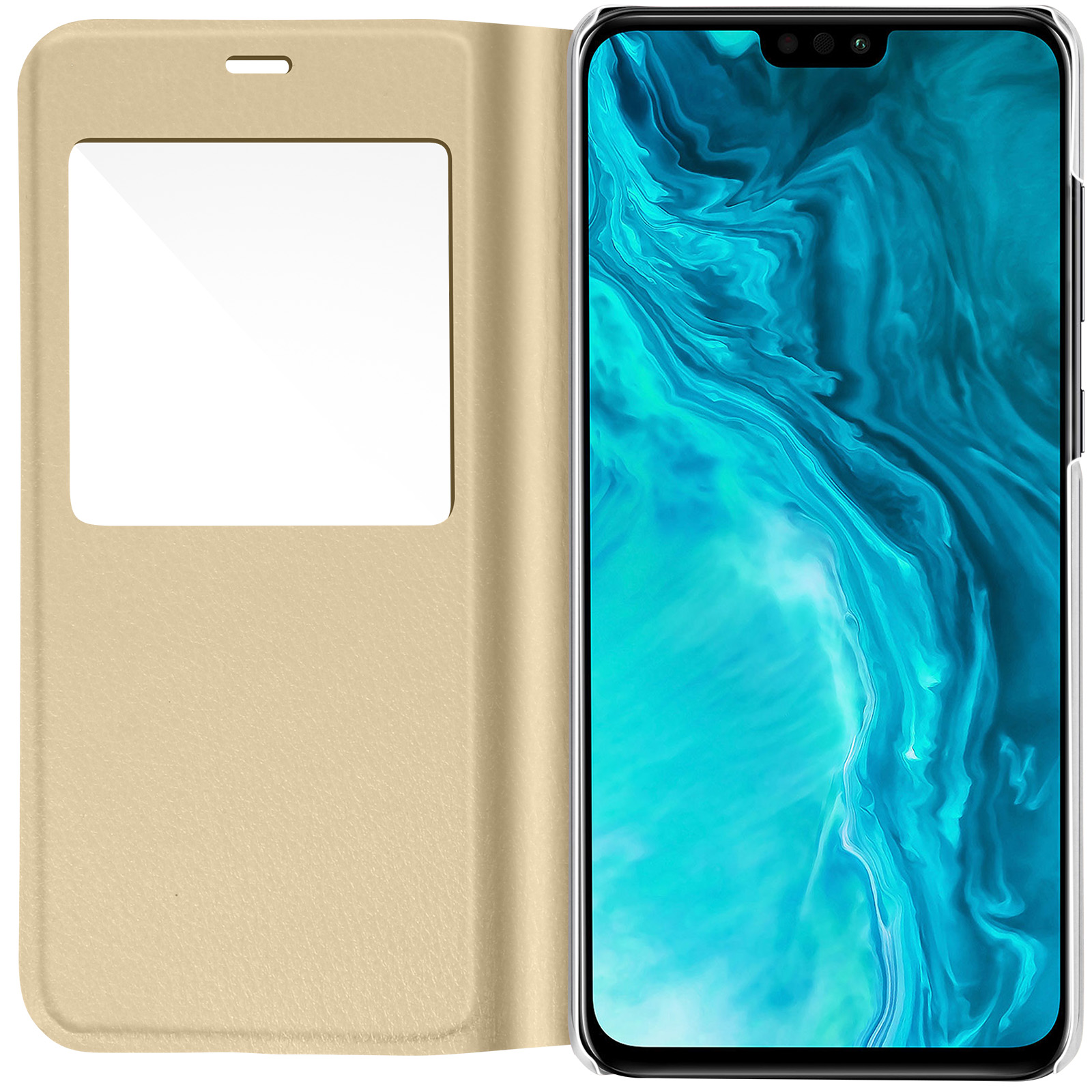 Custodia per telefono beige, aperta, con finestra. Schermo del telefono visibile. Sfondo bianco.