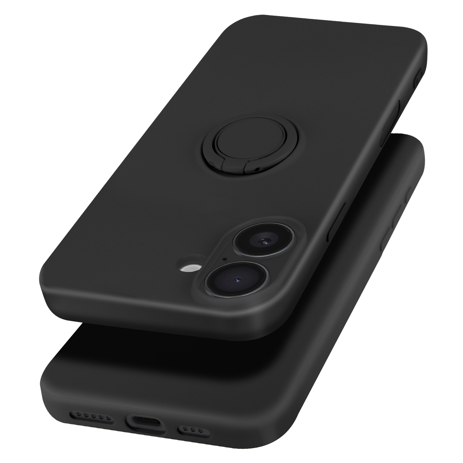 Custodie per telefono nere, con supporto ad anello. Sfondo bianco.