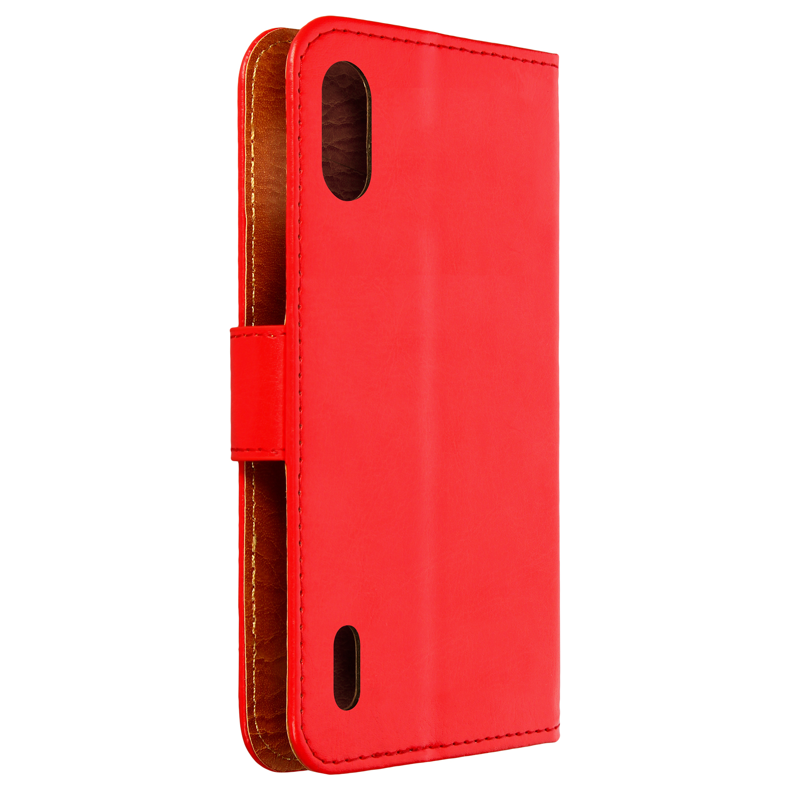 Custodia per telefono in pelle rossa, chiusa. Sfondo bianco.