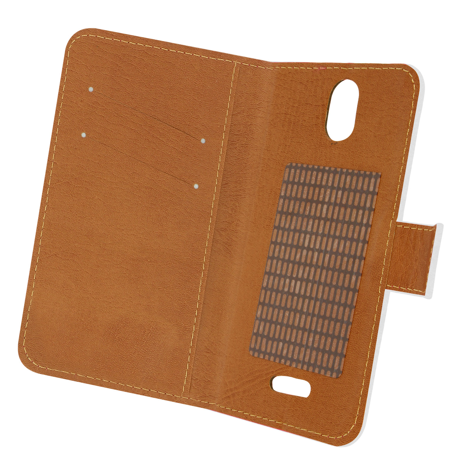 Funda de teléfono de cuero marrón, abierta. Interior con tarjetero estampado. Aislado sobre fondo blanco.