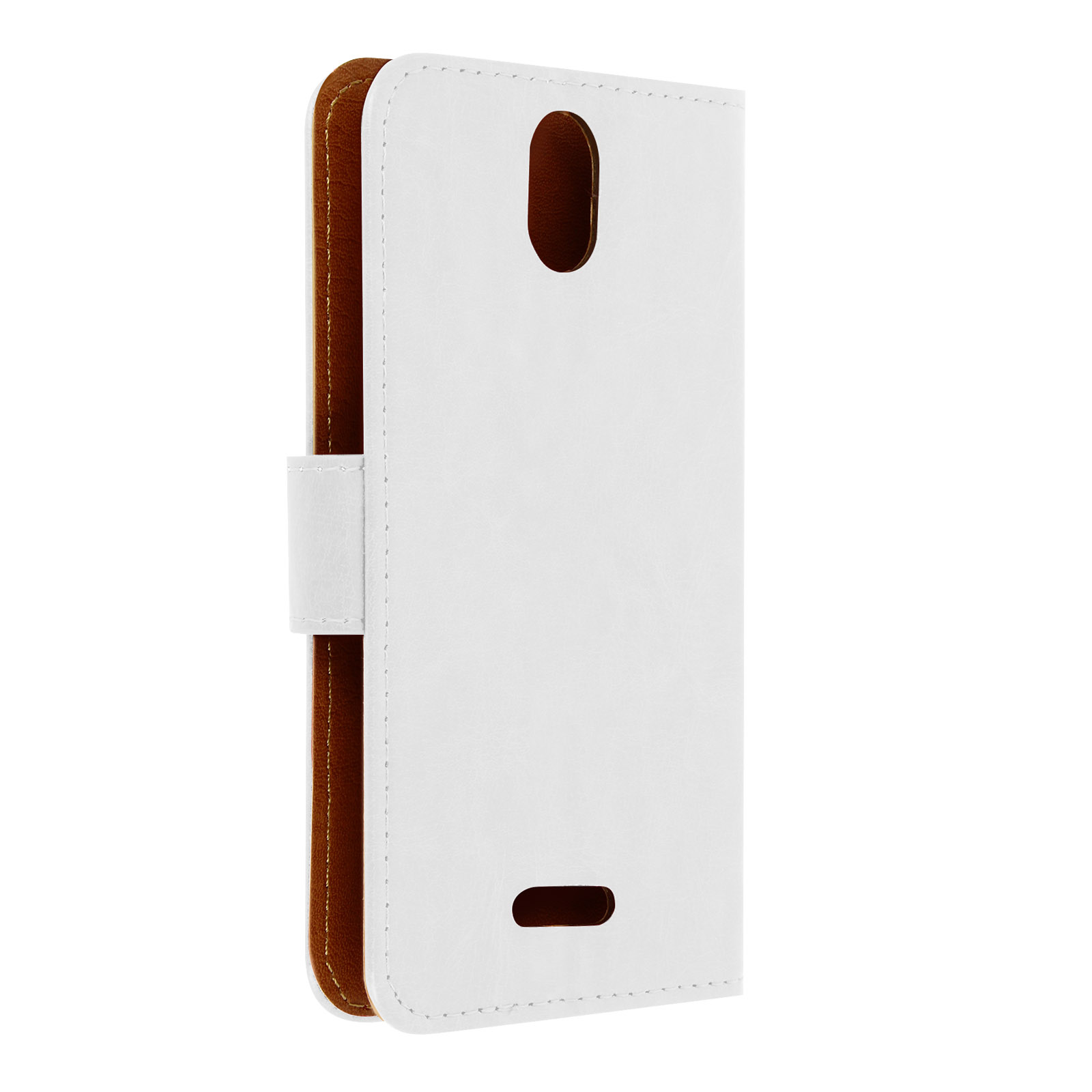 Funda blanca para teléfono abierta. Interior marrón con recorte en forma de teléfono y cierre blanco.