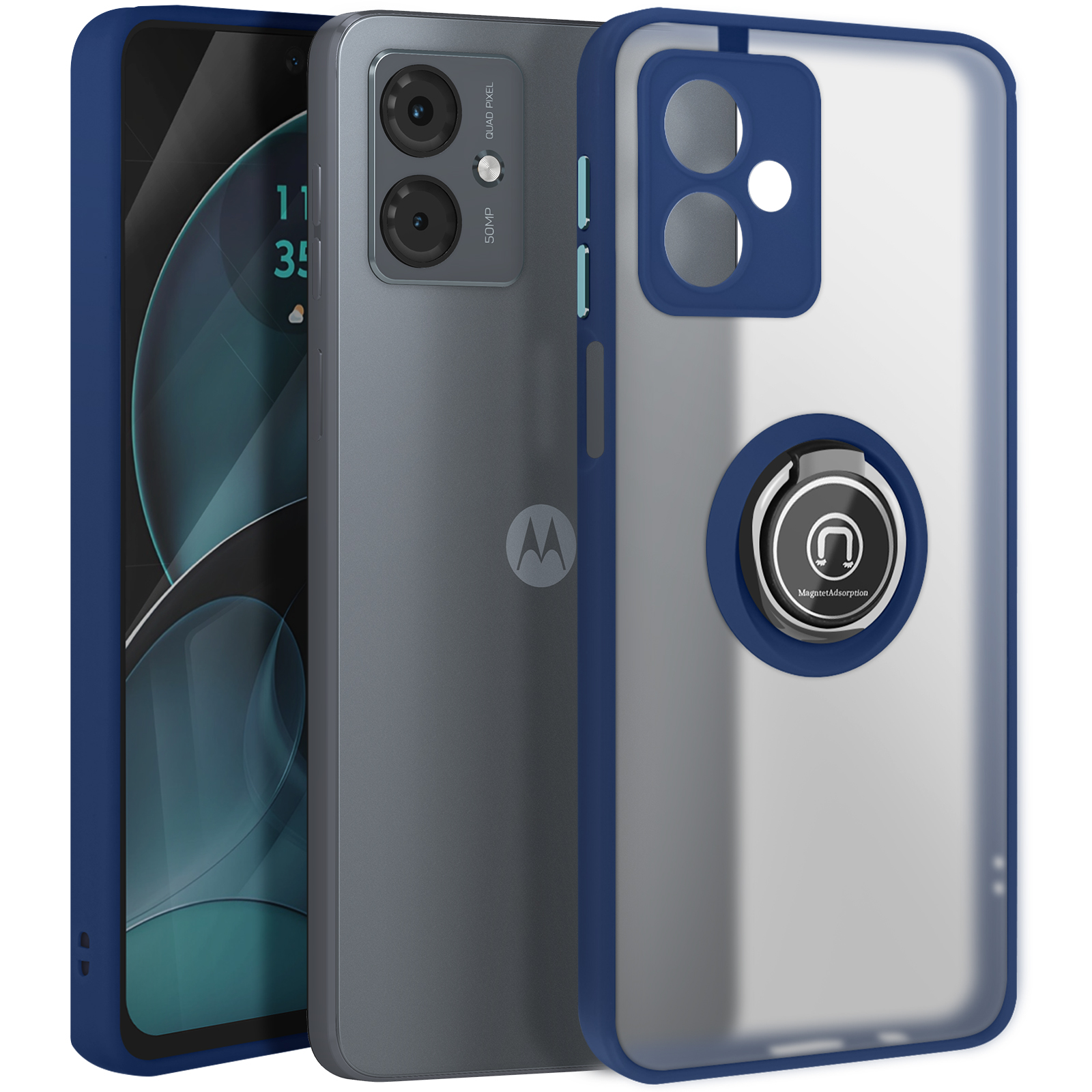 Telefon in blauer und klarer Hülle. Moto-Logo auf dem Telefon. Weißer Hintergrund. Ringhalter hinten.
