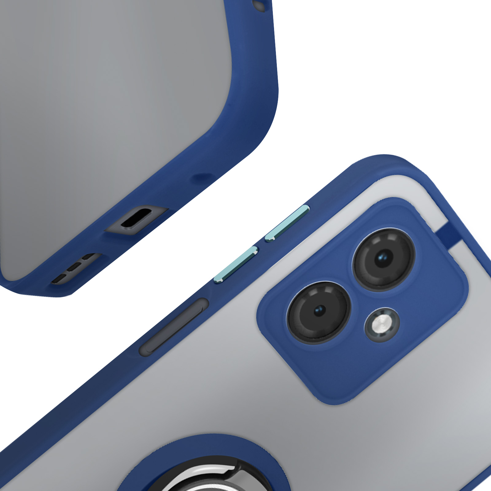 Blaue und transparente Handyhülle, Nahaufnahme. Ringhalter sichtbar. Blaue Tasten und Kamera sichtbar.
