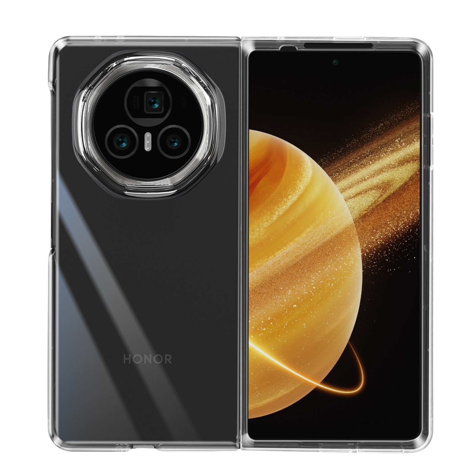 Custodia trasparente per telefono, aperta, che mostra il telefono. Due obiettivi della fotocamera visibili. Logo HONOR.