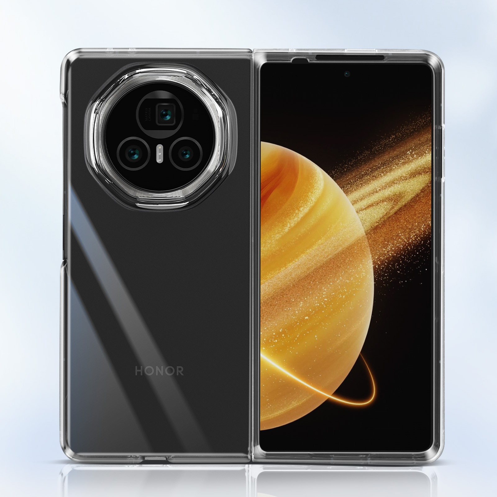 Custodia trasparente per telefono, aperta, che mostra il telefono. Logo HONOR. Sfondo blu.