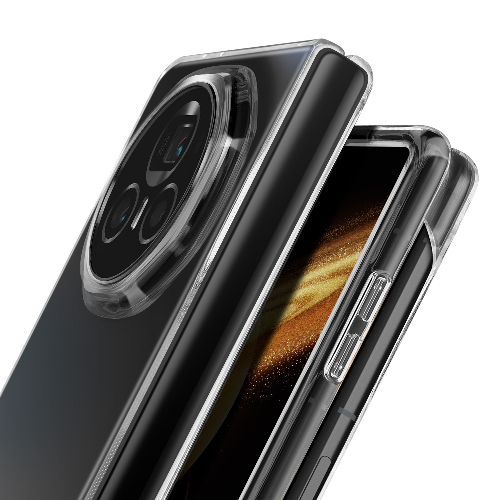 Custodia trasparente per telefono che mostra il telefono. Obiettivi e pulsanti della fotocamera. Sfondo bianco.
