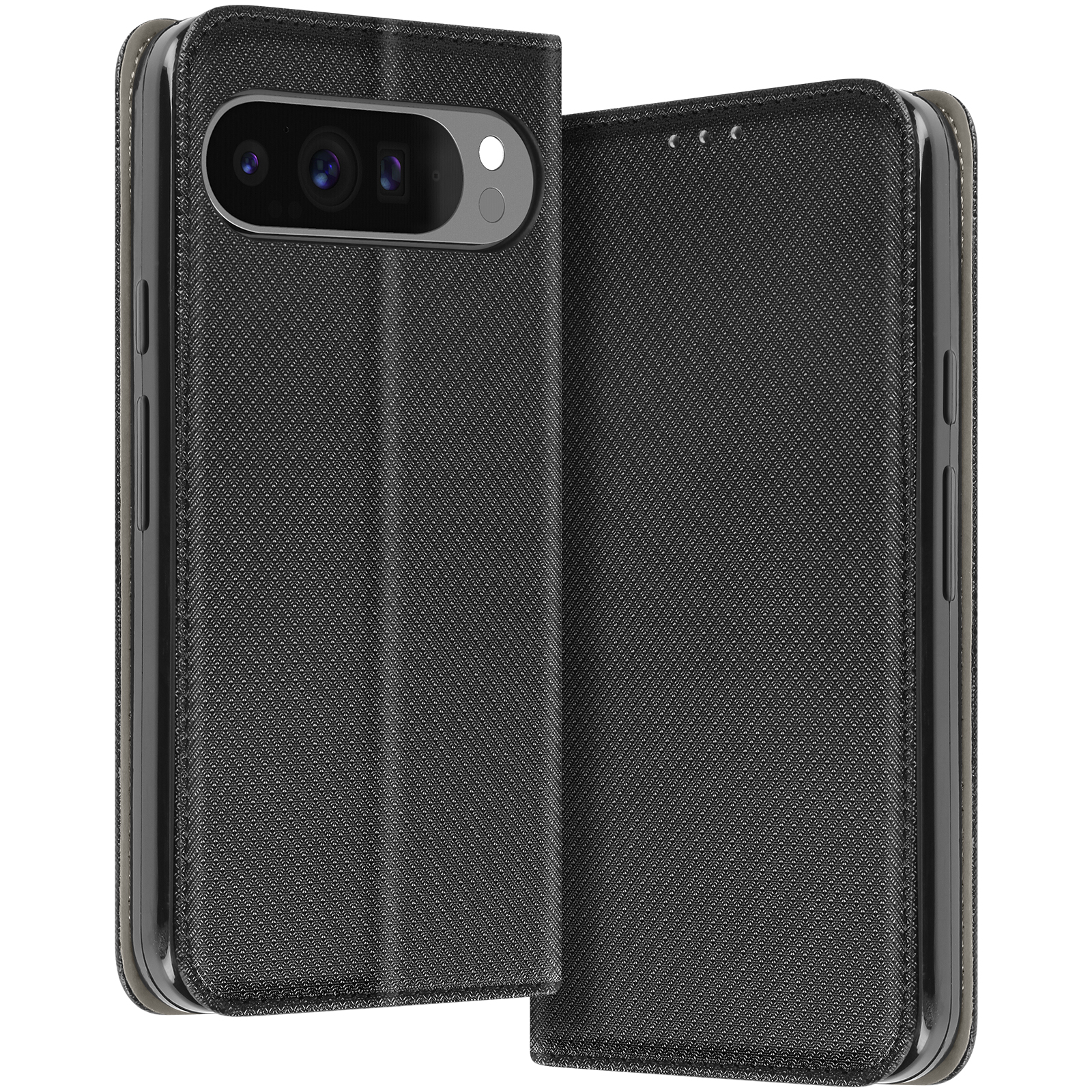 Custodia nera per telefono, aperta, che mostra il telefono. Obiettivi della fotocamera visibili. Sfondo nero, motivo strutturato.