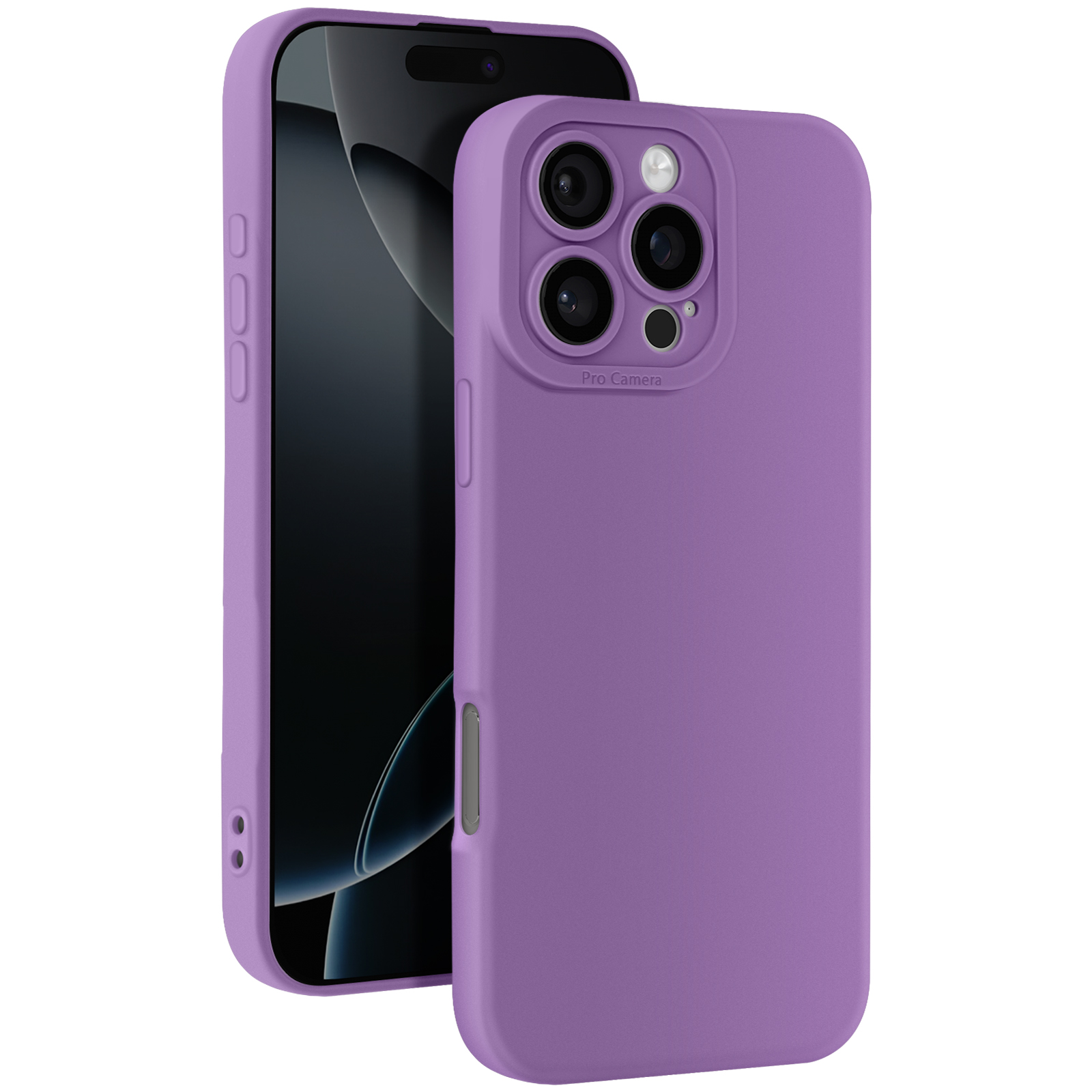 Due custodie viola, una mostra il telefono, l'altra le fotocamere.