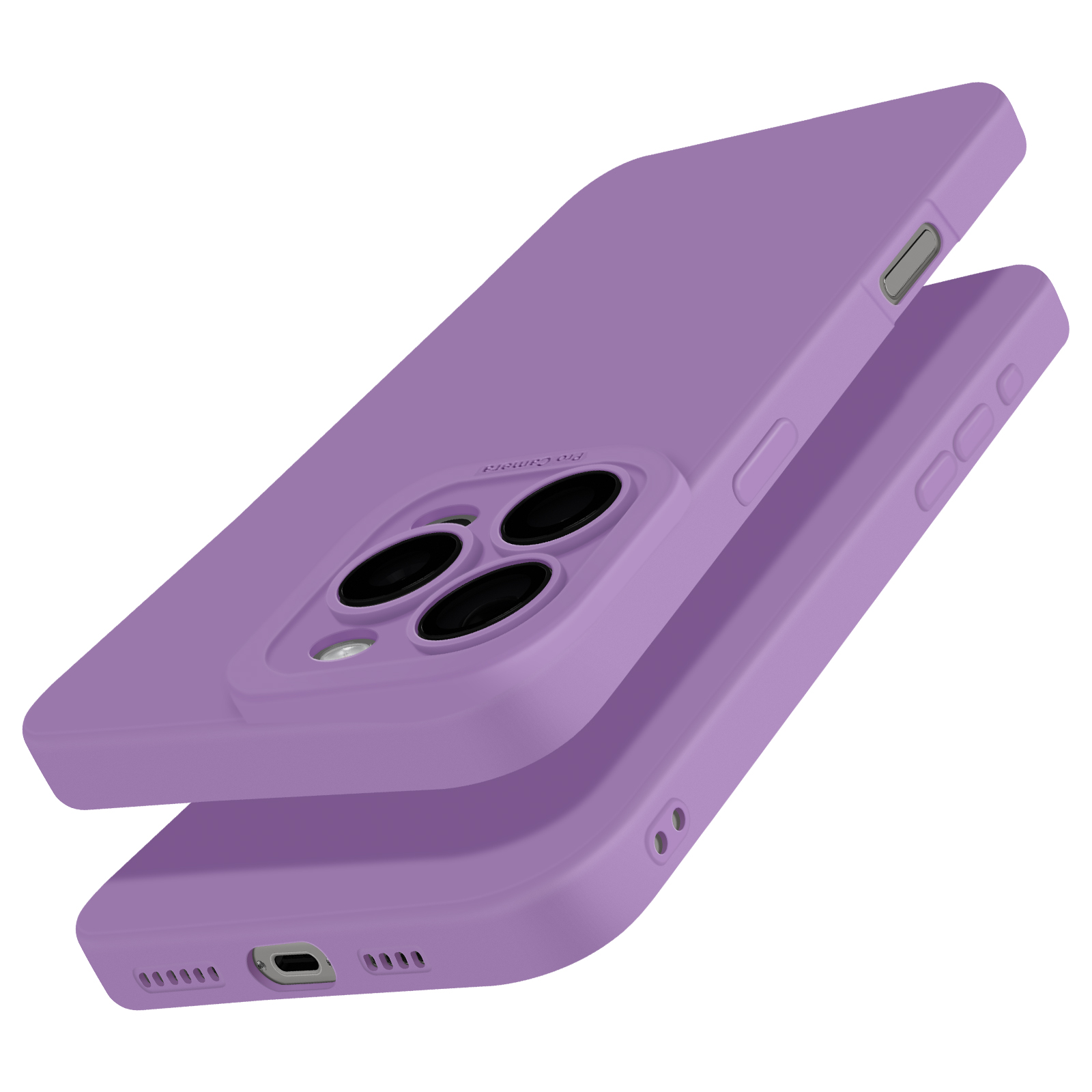Due custodie viola per telefono, una sopra l'altra, che mostrano ritagli per fotocamera e pulsanti.