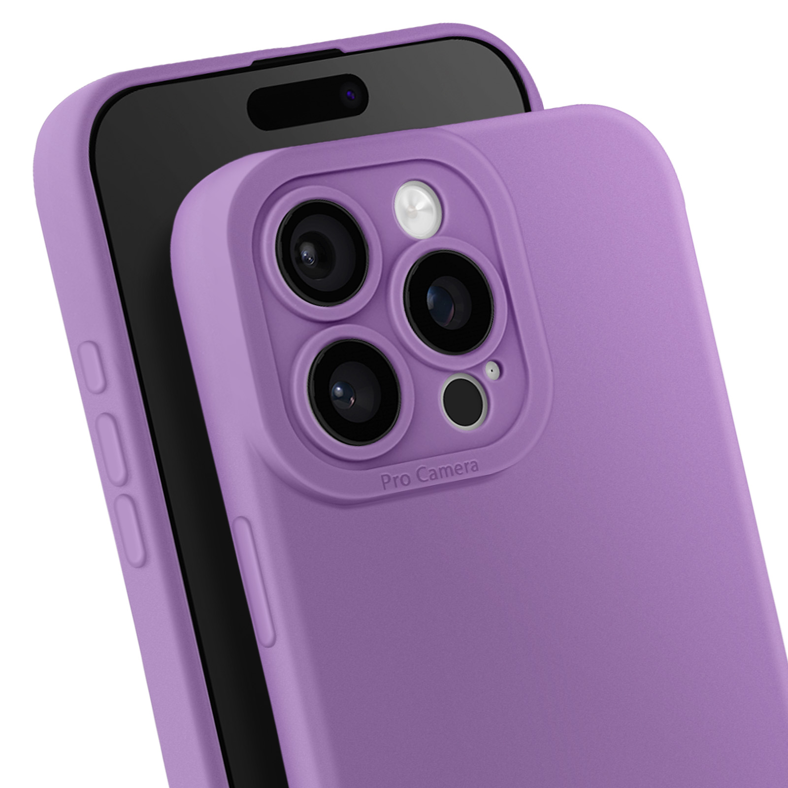 Primo piano di custodia viola con tre fotocamere e la scritta 'Pro Camera'.