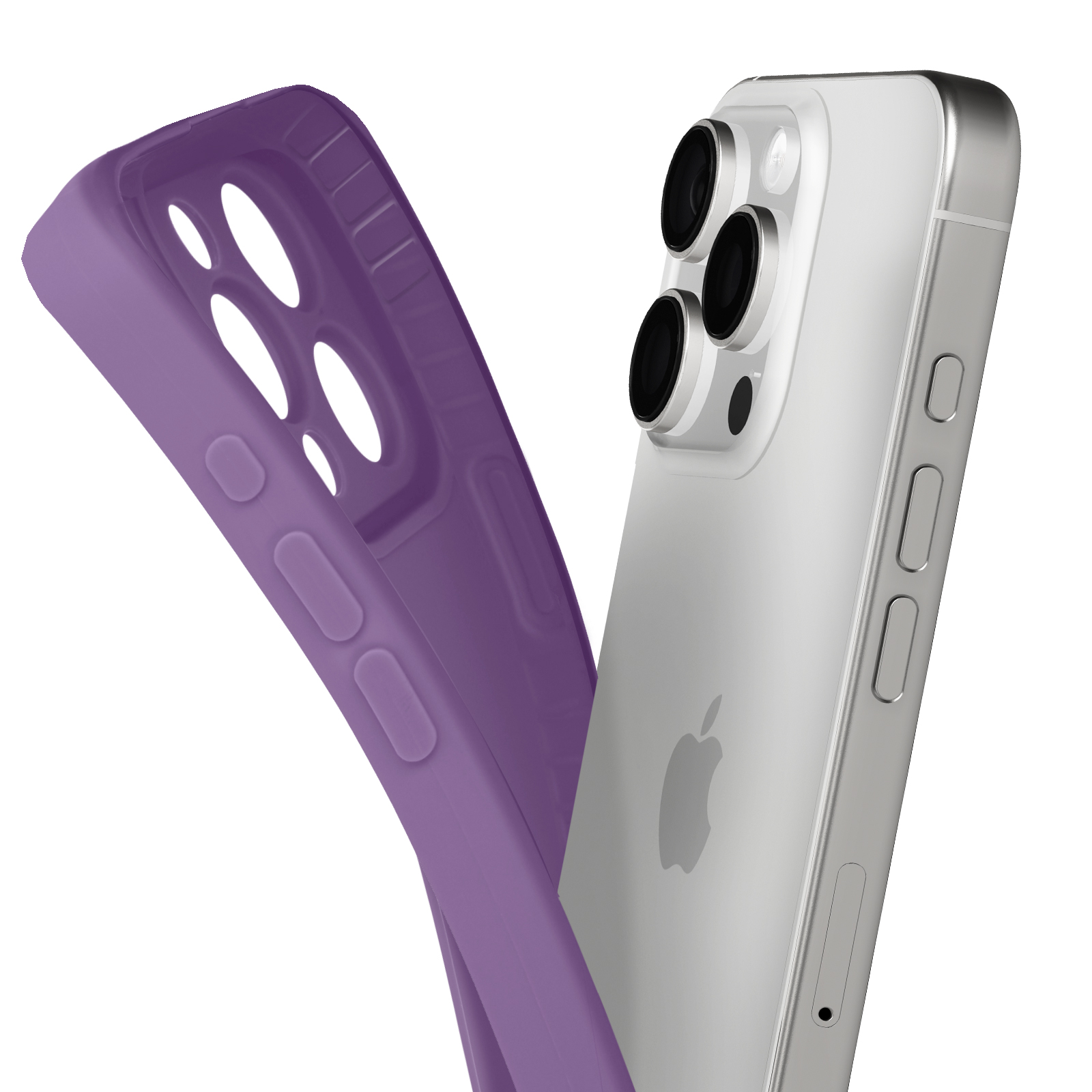 Una custodia per telefono viola accanto a un iPhone argentato. La custodia ha ritagli per pulsanti e fotocamere.