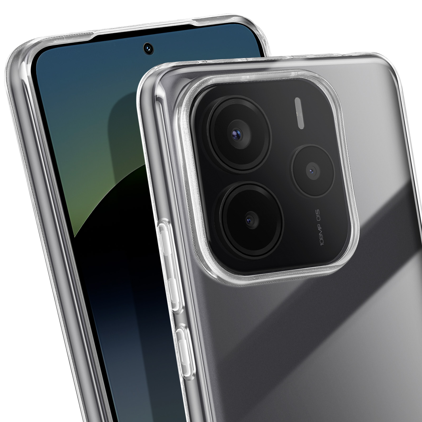 Custodia trasparente con telefono nero che mostra fotocamera e schermo.