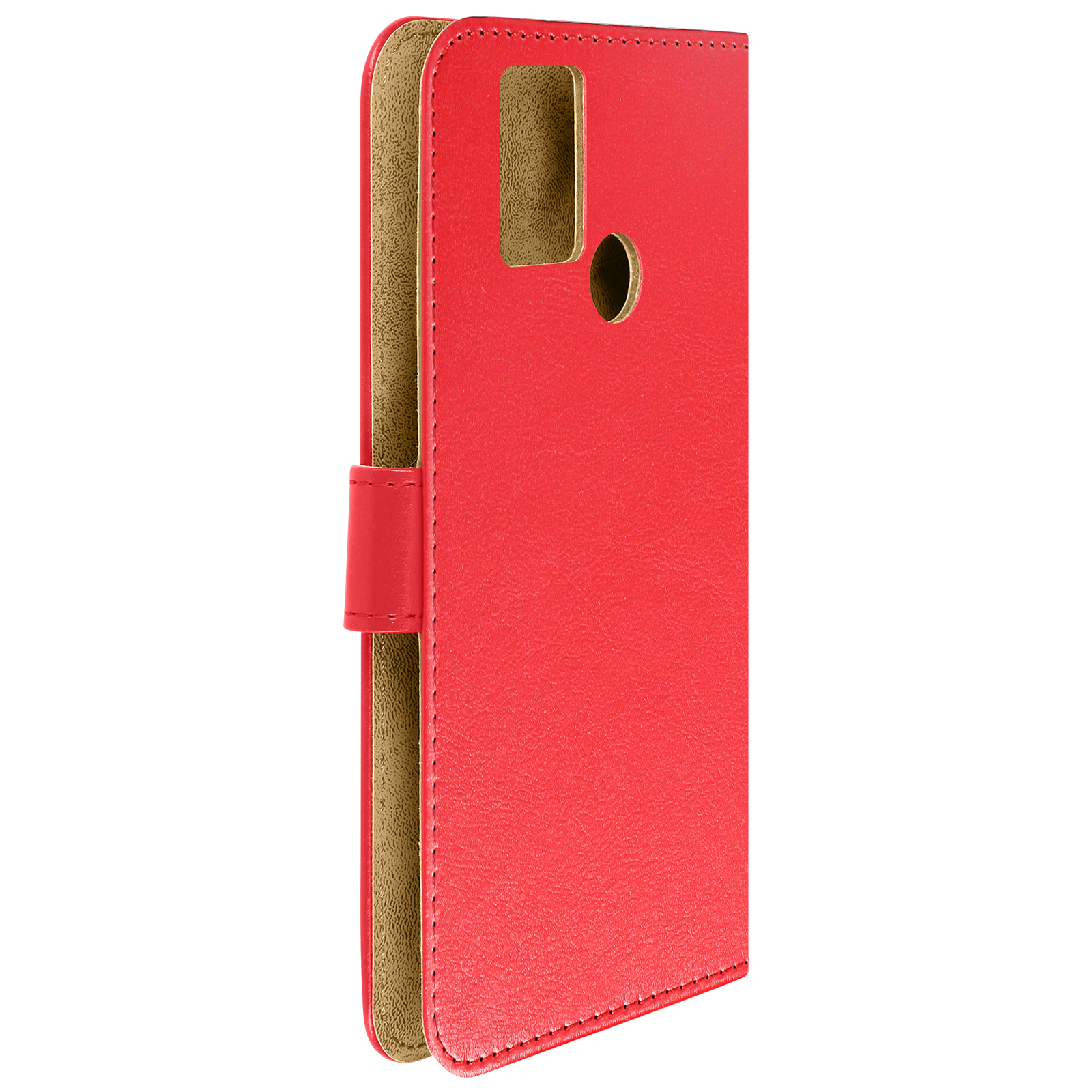Custodia per telefono rossa con flip cover aperta che mostra l'interno e il retro.