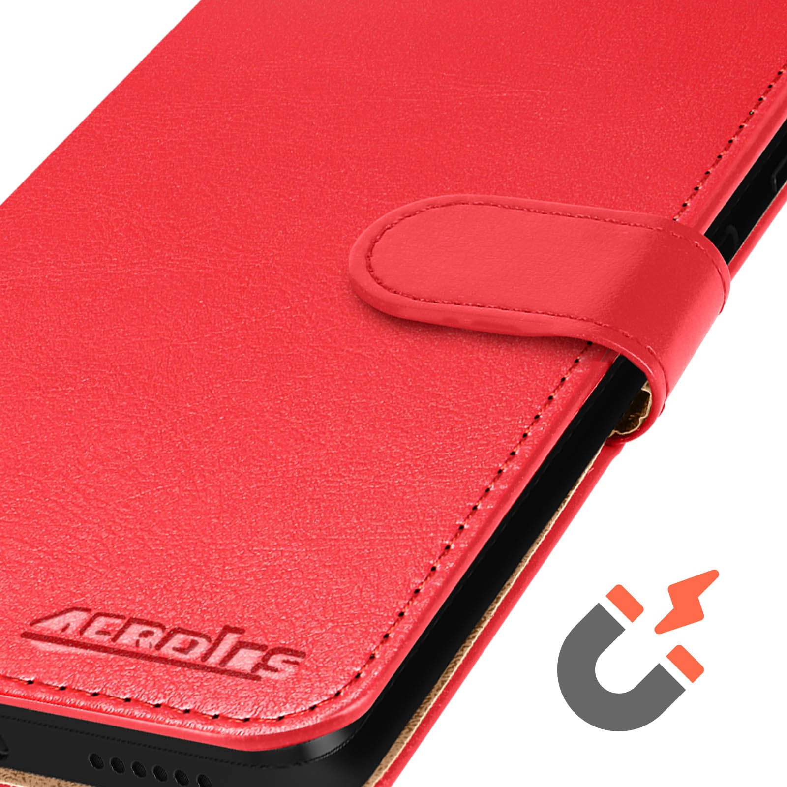 Primo piano della custodia rossa del telefono, con chiusura magnetica e il logo Aerles.