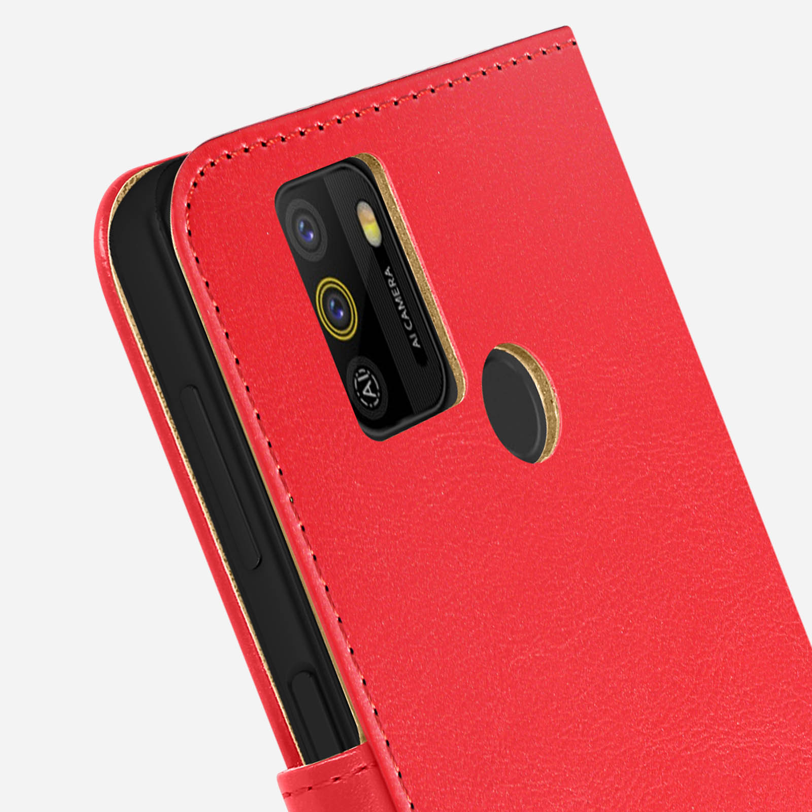 Dettaglio della custodia rossa del telefono, che mostra la fotocamera e il logo della fotocamera AI.