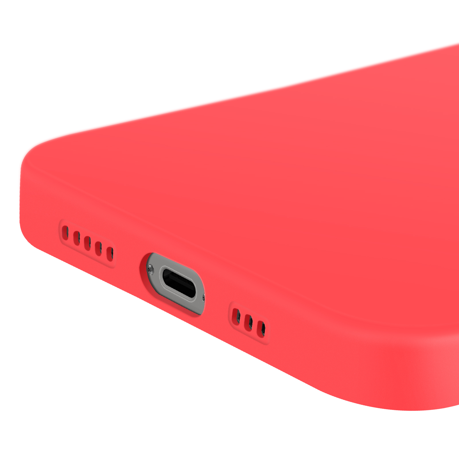 Primo piano di una custodia rossa per telefono che mostra il bordo inferiore con le porte.