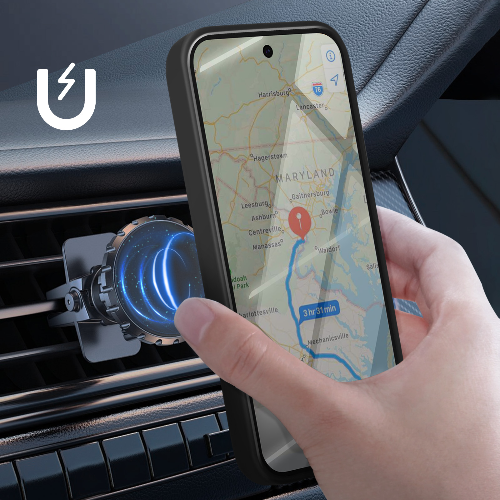Telefono in auto con supporto magnetico. Mappa visualizzata sullo schermo.