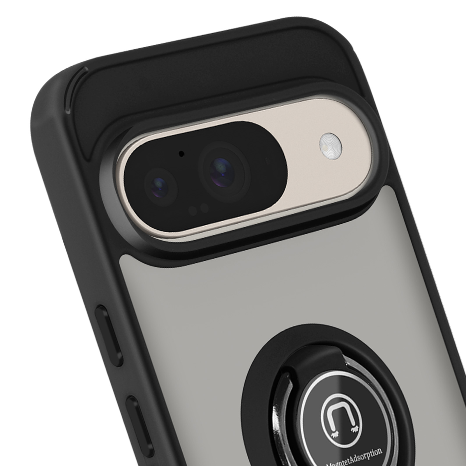 Custodia per telefono nera e grigia con fotocamera e supporto ad anello, che mostra il testo MagnetAdsorption.