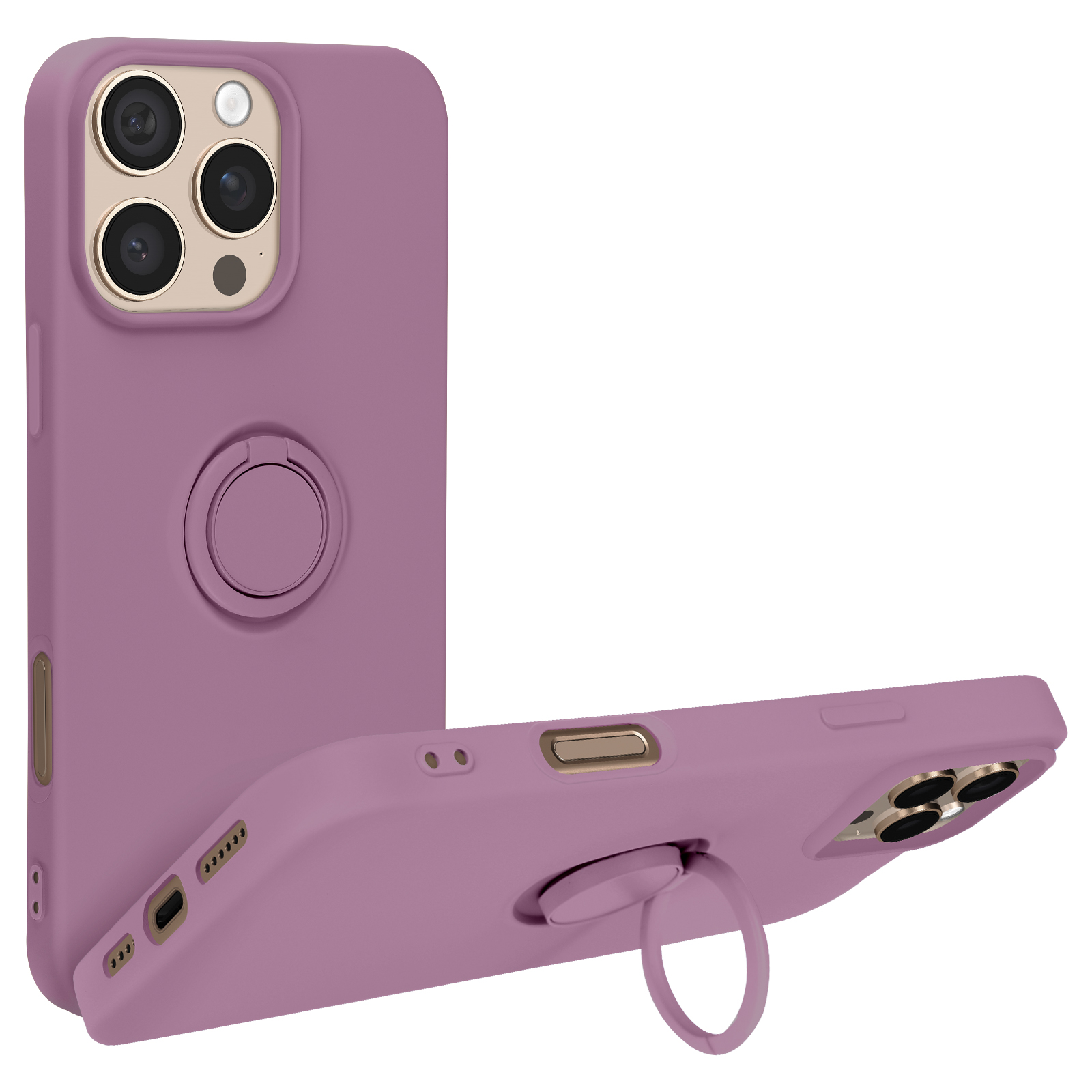 Due custodie viola per telefono, una con supporto ad anello, che mostrano ritagli per fotocamera e pulsanti.