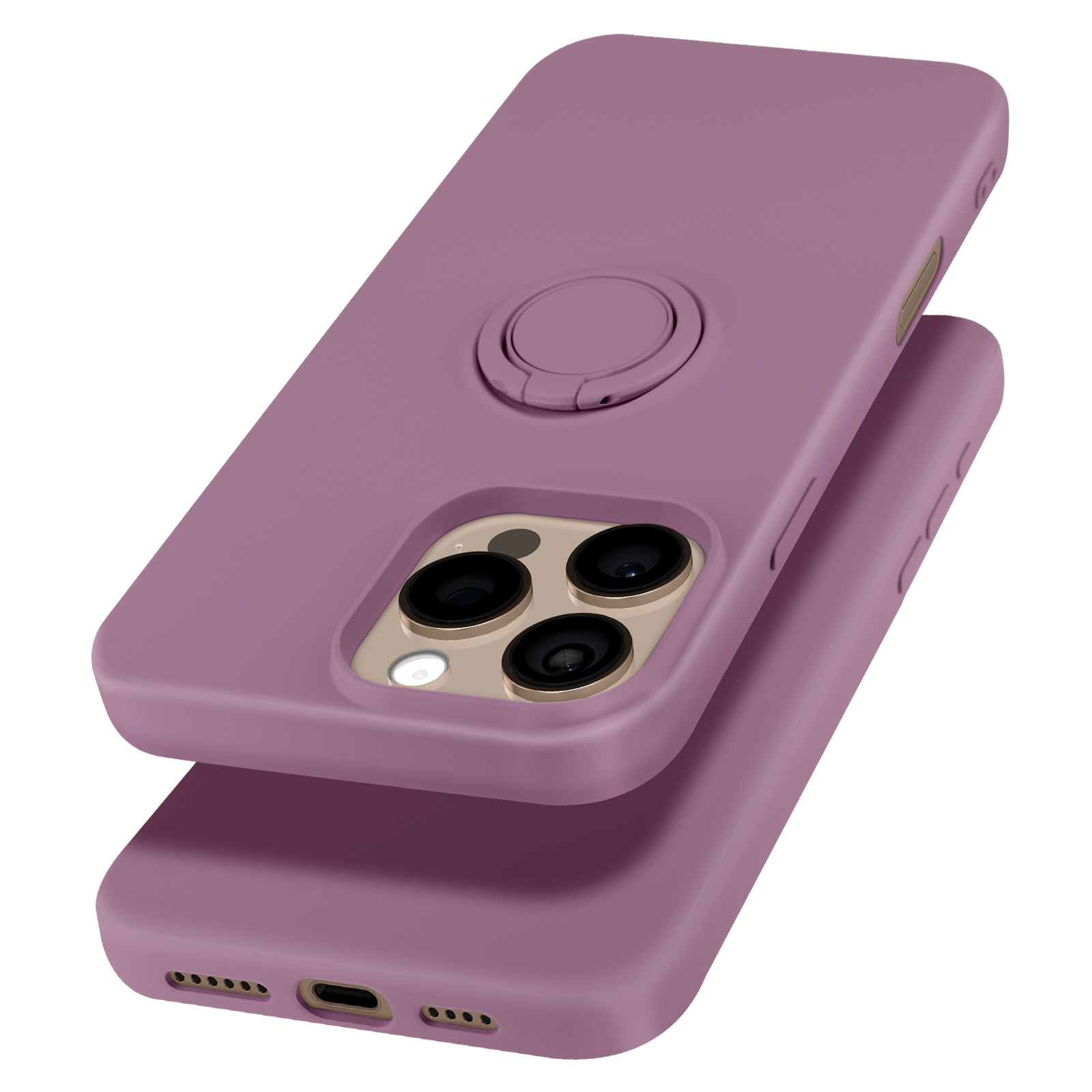 Custodie viola per telefono, una sopra l'altra. Quella superiore ha un anello. Sfondo bianco.