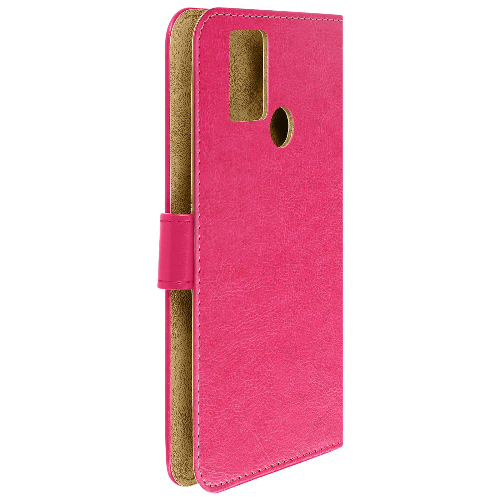Offene rosa Handyhülle mit hellbraunem Innenraum. Die Hülle hat einen Magnetverschluss. Weißer Hintergrund.