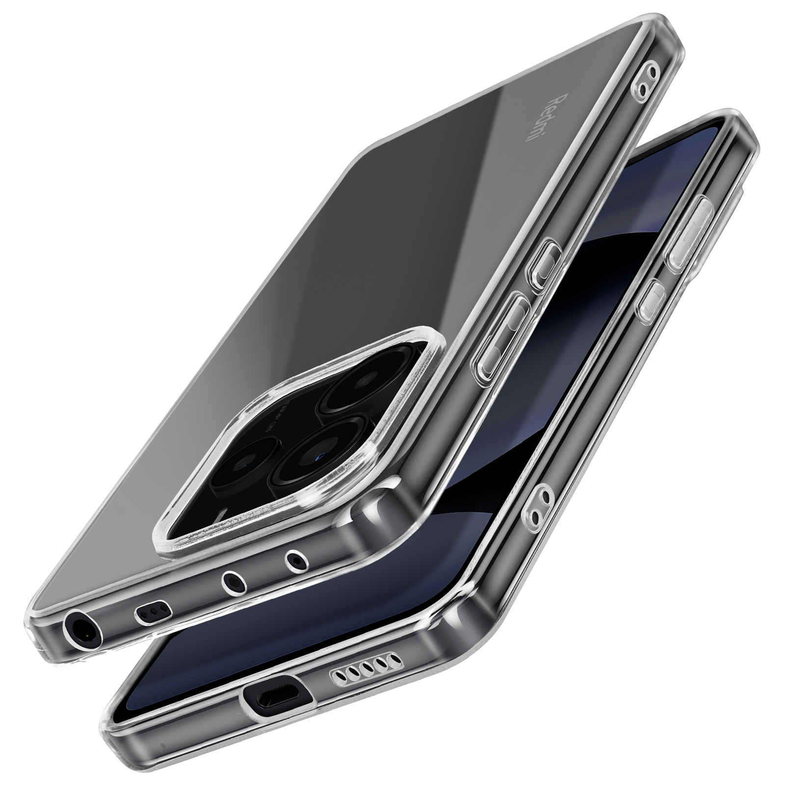 Custodia trasparente per telefono. Due telefoni impilati. Quello sopra con fotocamera parzialmente visibile.