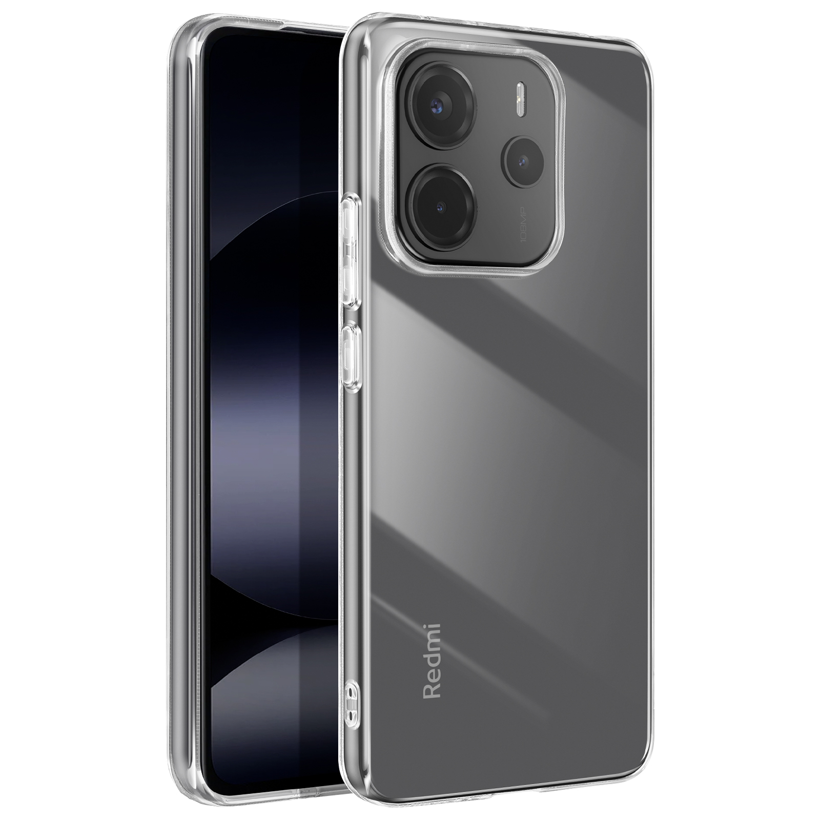 Custodia trasparente con telefono all'interno. Il telefono ha fotocamere visibili e il logo Redmi.
