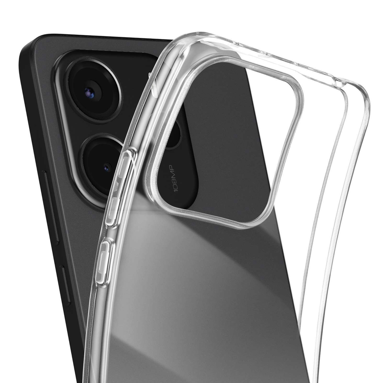 Custodia trasparente per telefono su un telefono. Il telefono è angolato, mostrando la fotocamera. Sfondo bianco.