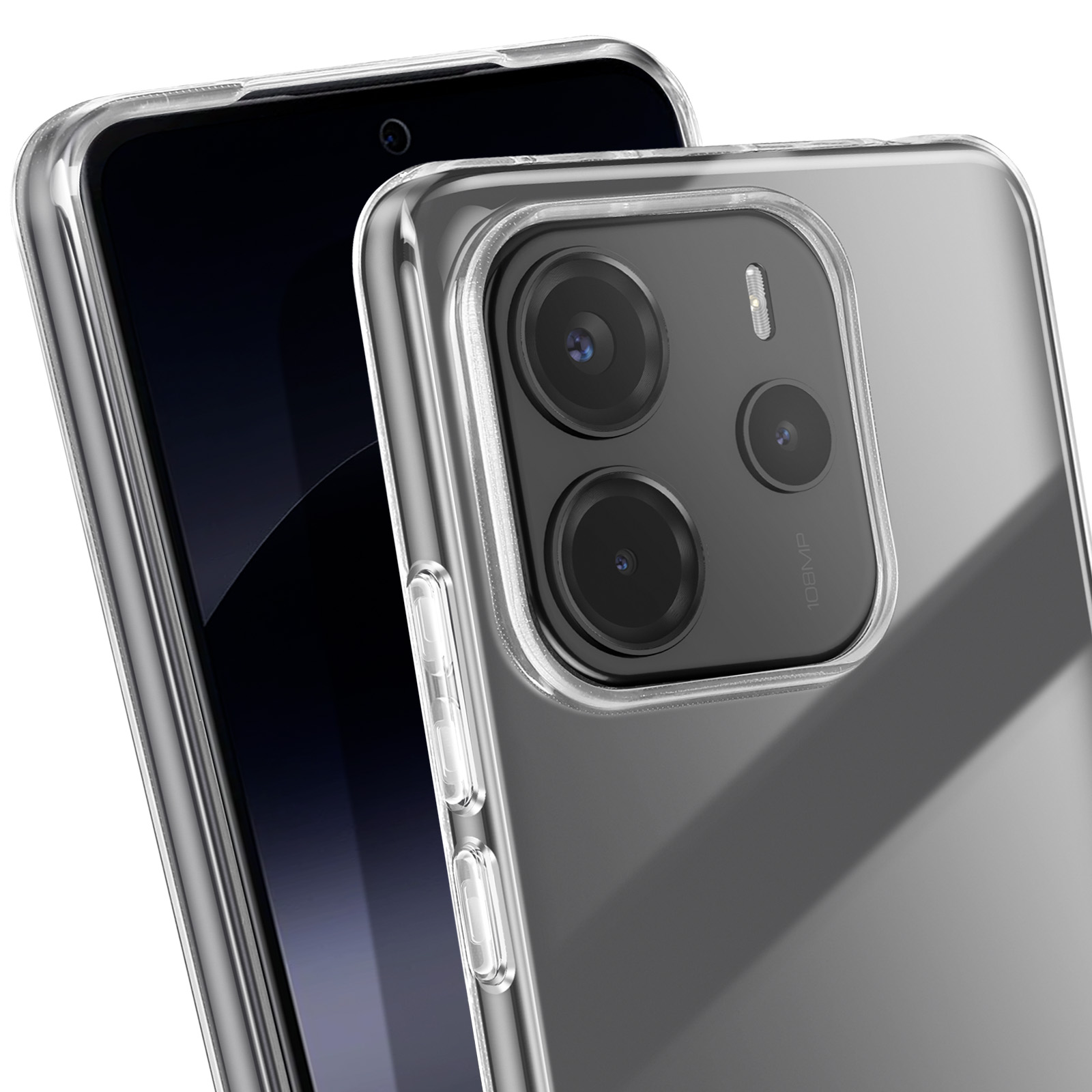 Custodia trasparente. Un telefono è all'interno, la configurazione della fotocamera è visibile.