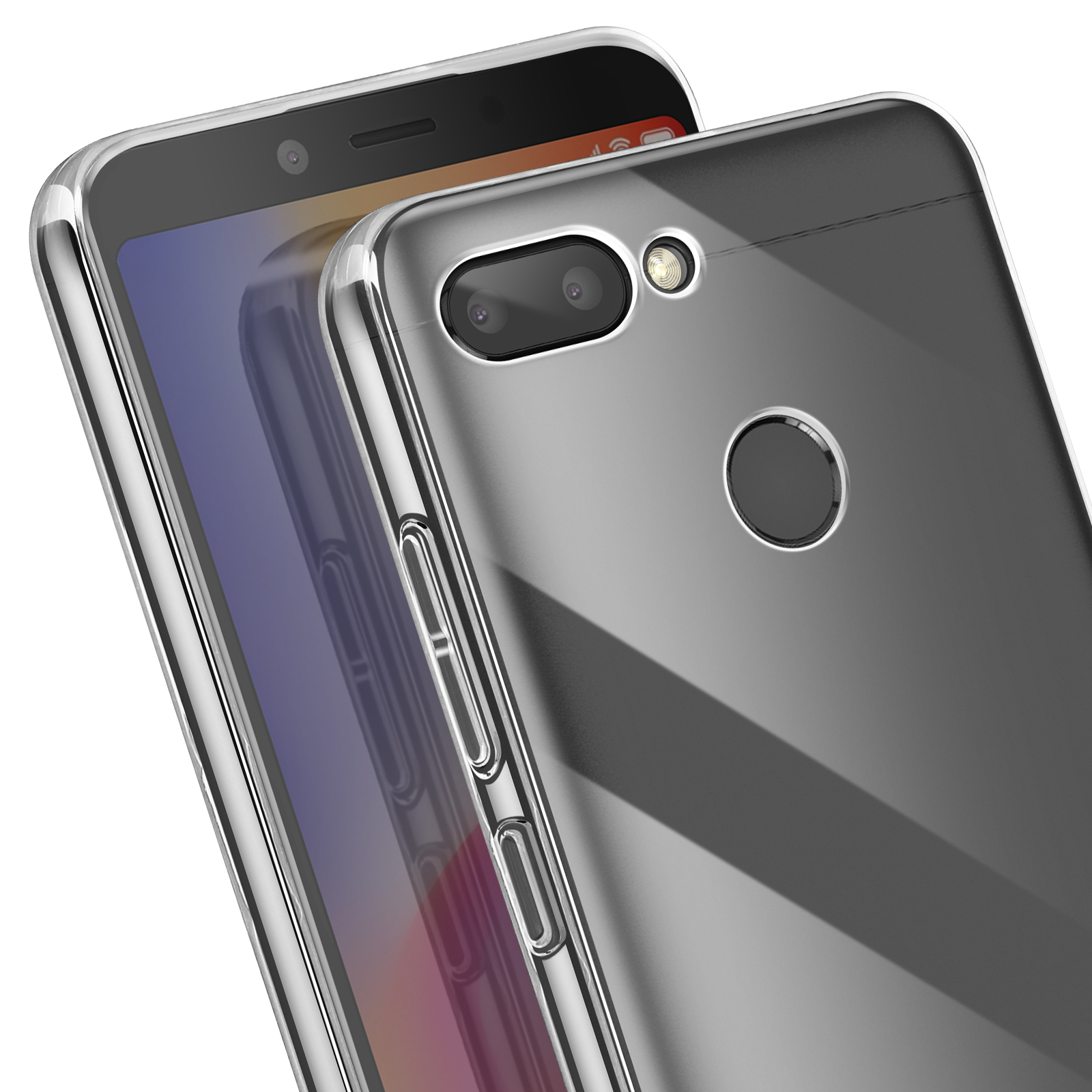 Custodia trasparente con telefono. Il telefono ha fotocamera e logo Redmi.