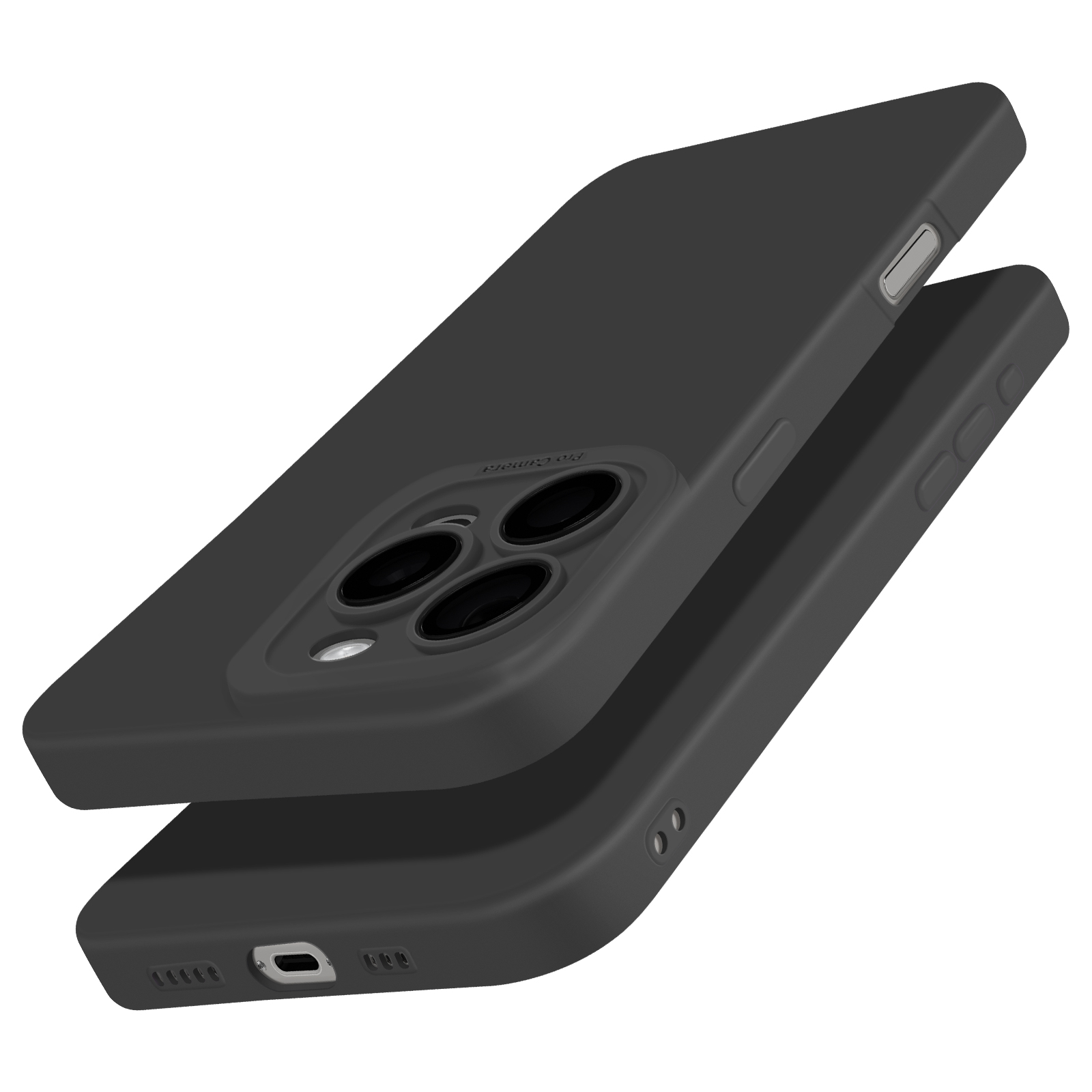 Due custodie per telefono nere, una sopra l'altra, che mostrano l'urto della fotocamera e le porte.