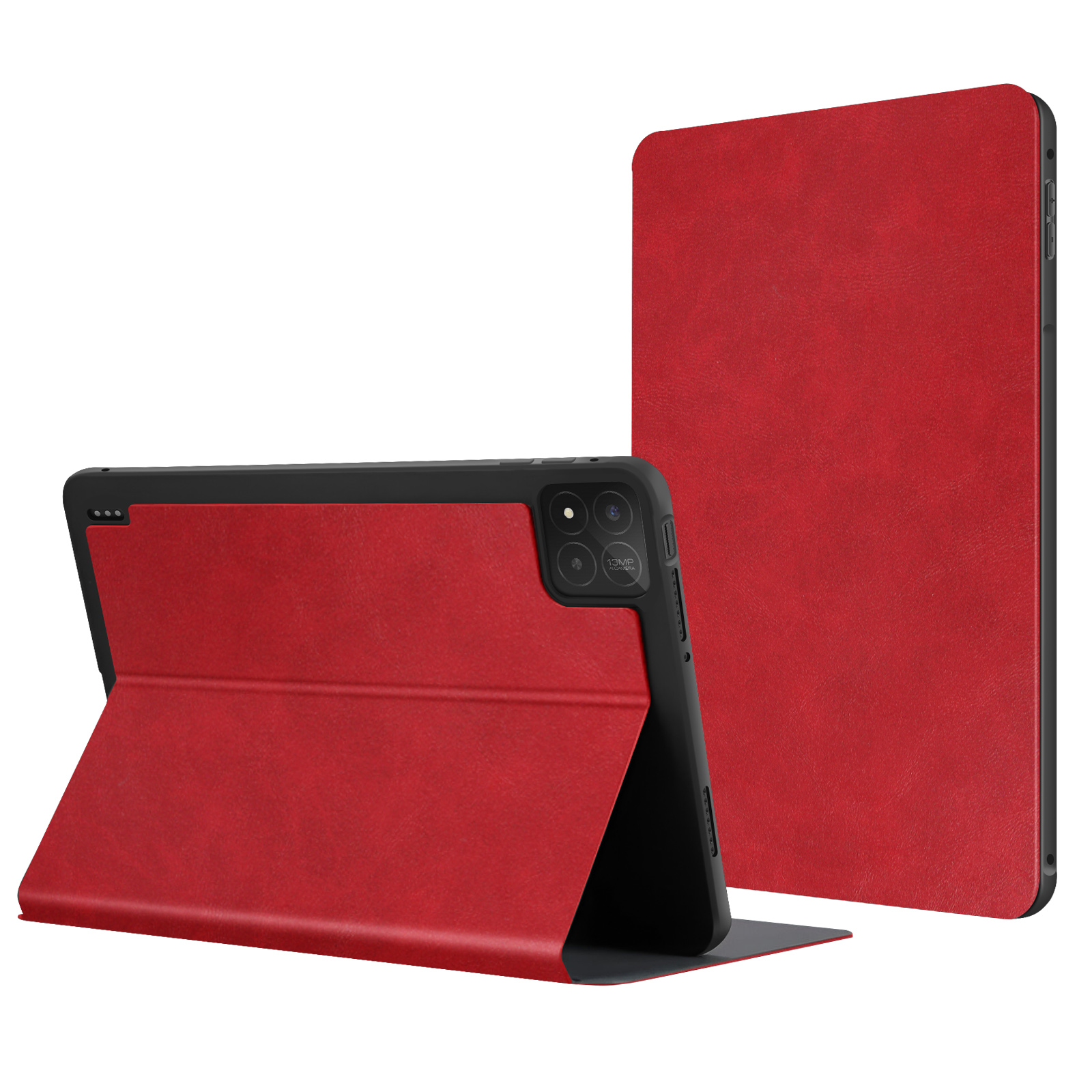 Custodia per tablet rossa, parzialmente aperta. Tablet nero all'interno. Bordo nero.