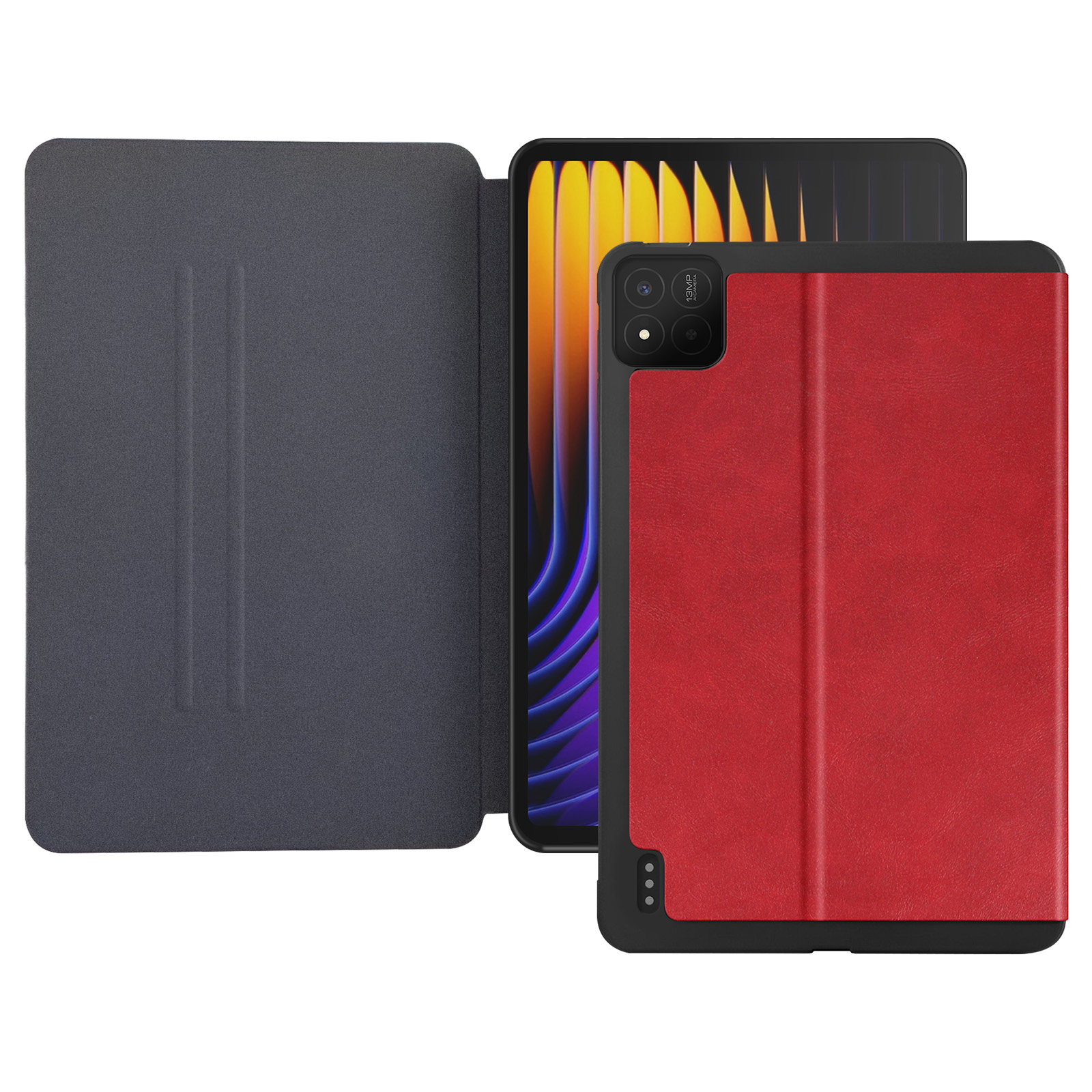 Custodia per tablet rossa, parzialmente aperta, con tablet nero all'interno. Bordo nero e sfondo scuro.